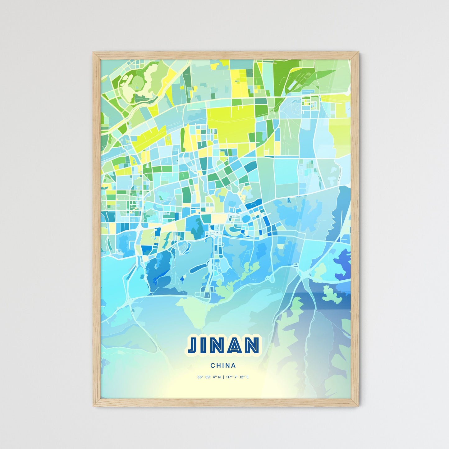 Colorful JINAN CHINA Fine Art Map Cool Blue