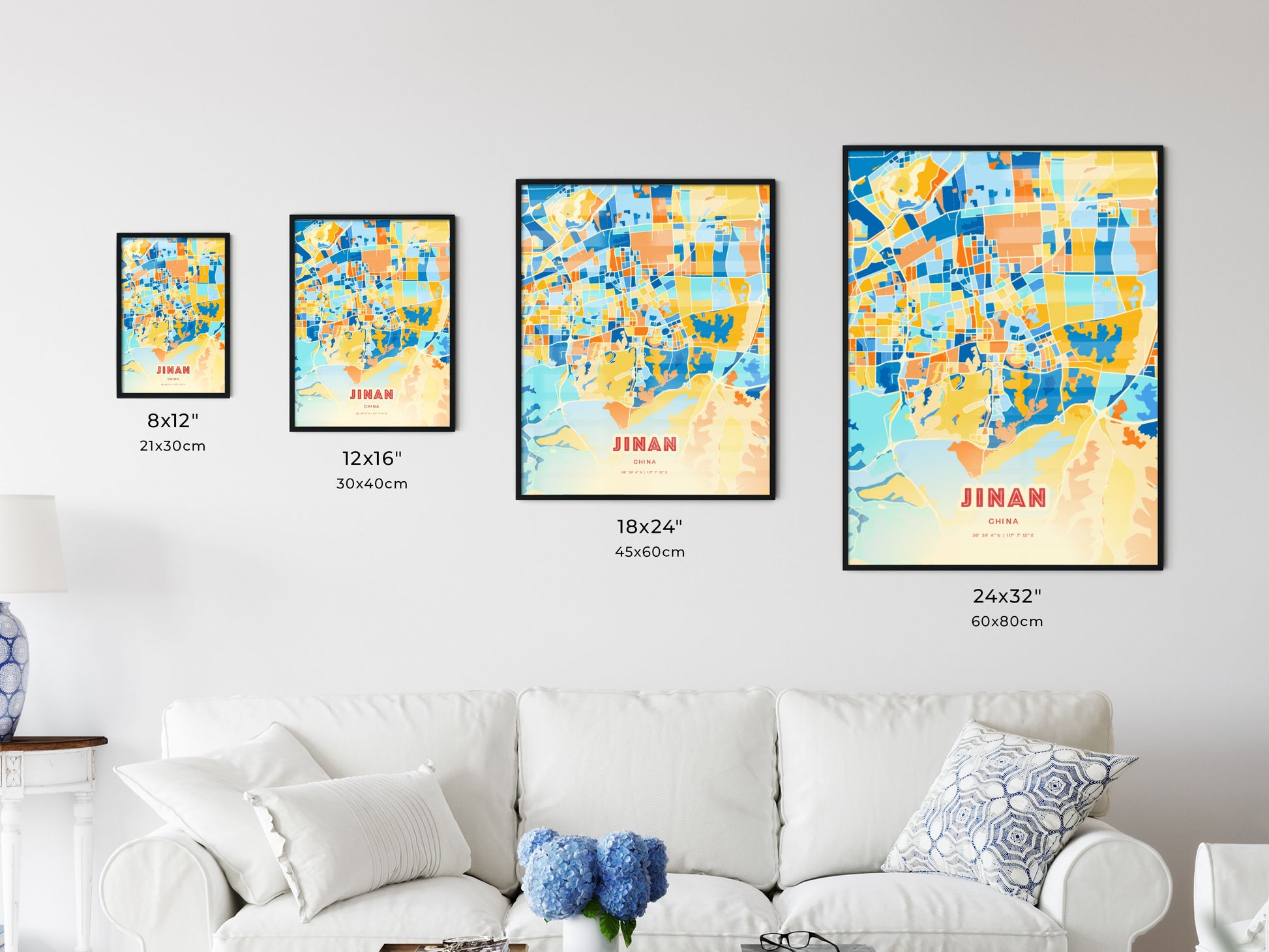 Colorful JINAN CHINA Fine Art Map Blue Orange