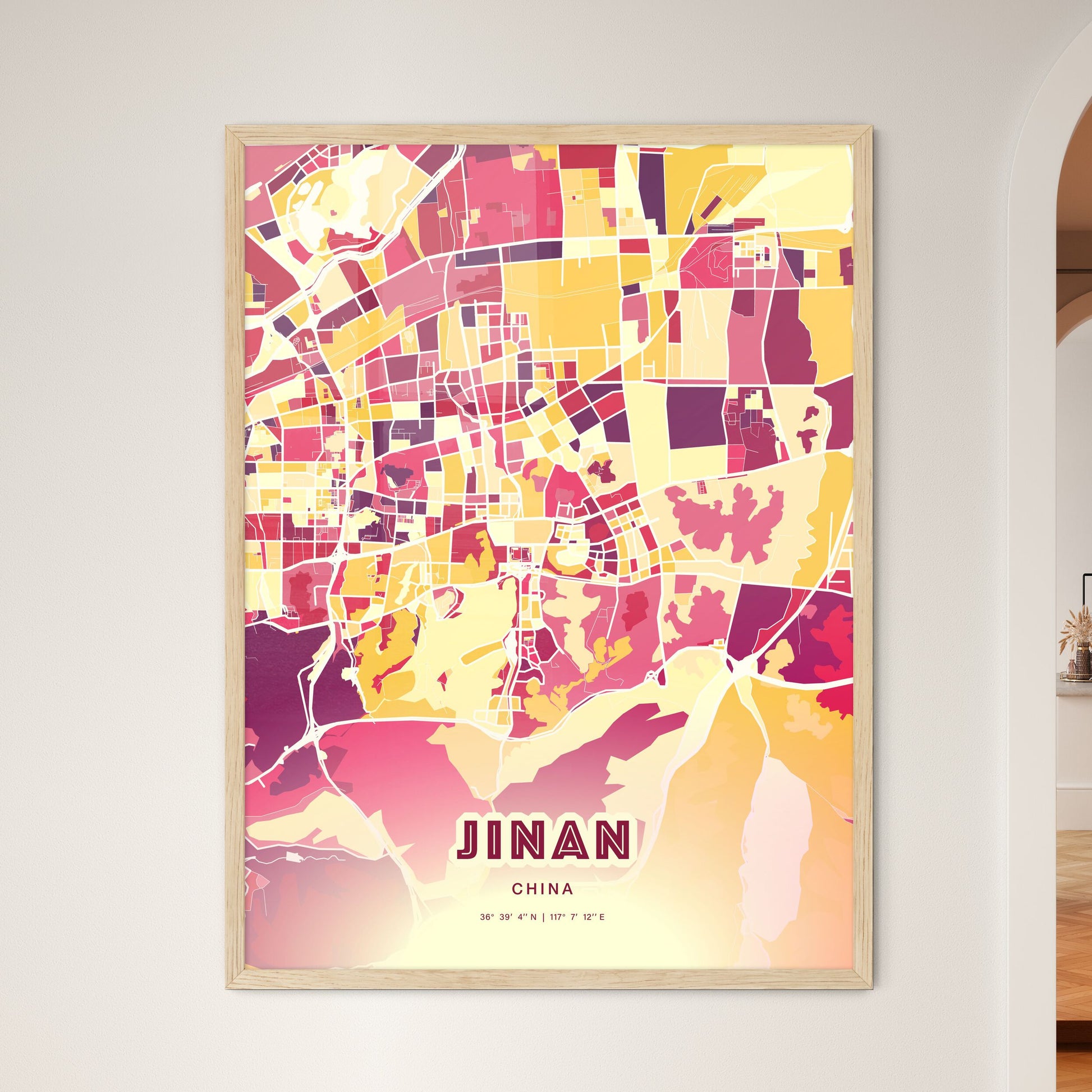 Colorful JINAN CHINA Fine Art Map Hot Red