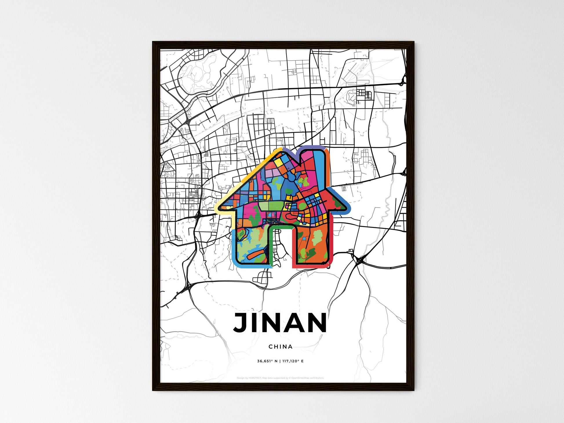 JINAN CHINA minimal art map with a colorful icon. Where it all began, Couple map gift. Style 3