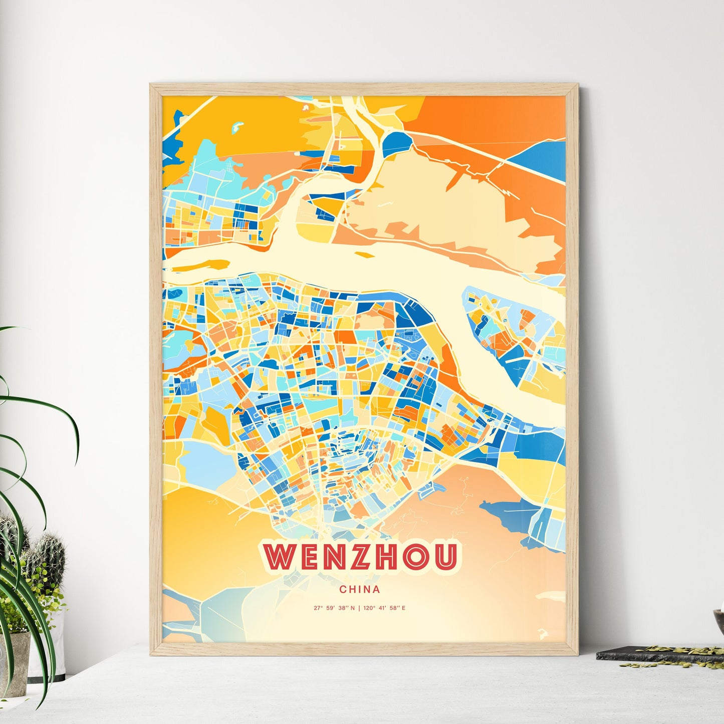 Colorful WENZHOU CHINA Fine Art Map Blue Orange