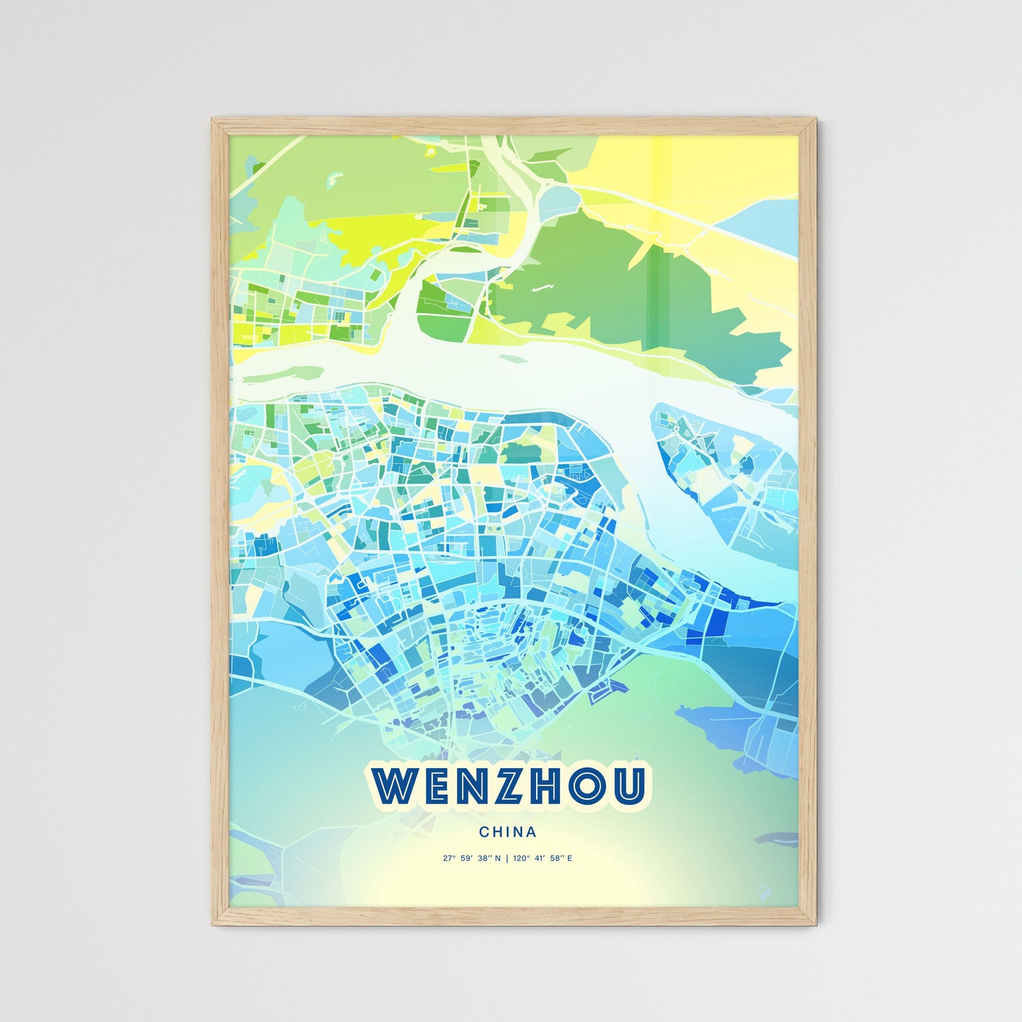 Colorful WENZHOU CHINA Fine Art Map Cool Blue