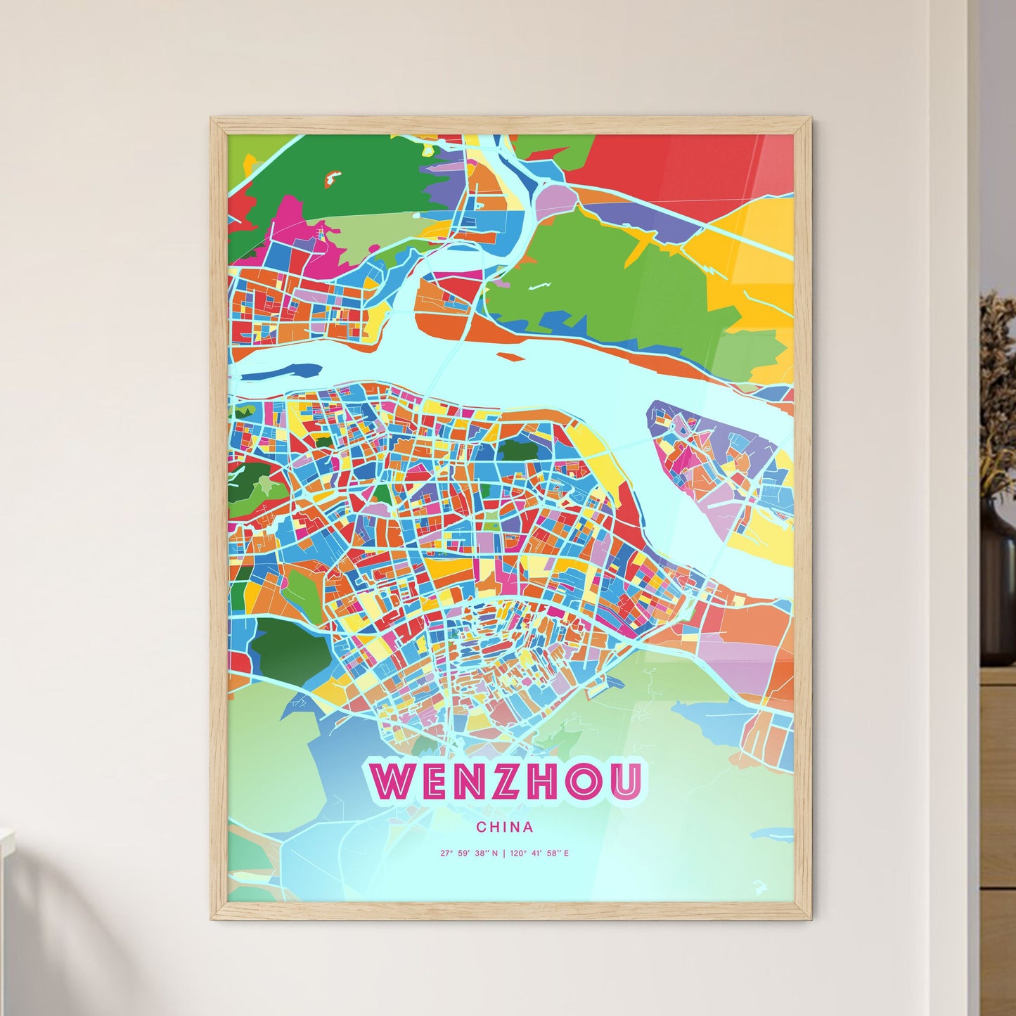 Colorful WENZHOU CHINA Fine Art Map Crazy Colors