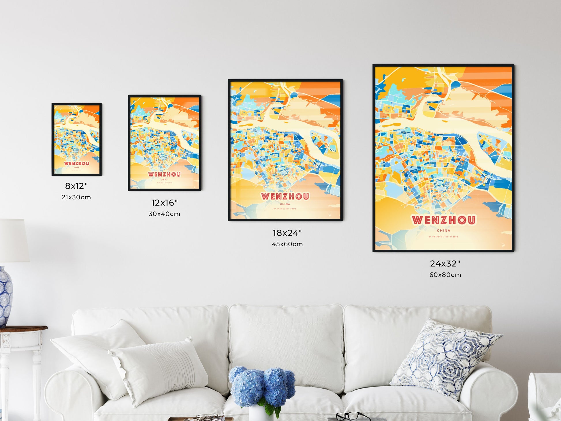 Colorful WENZHOU CHINA Fine Art Map Blue Orange