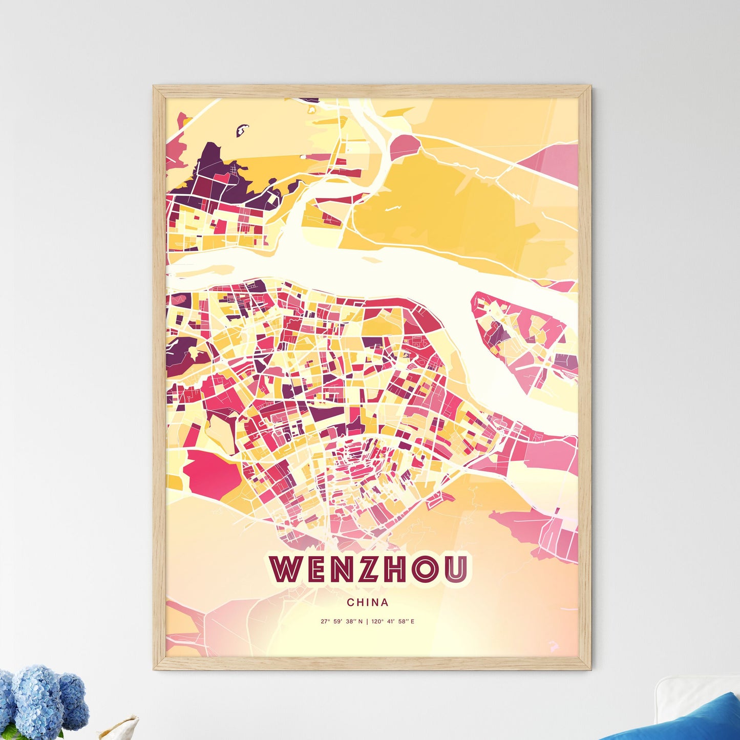 Colorful WENZHOU CHINA Fine Art Map Hot Red