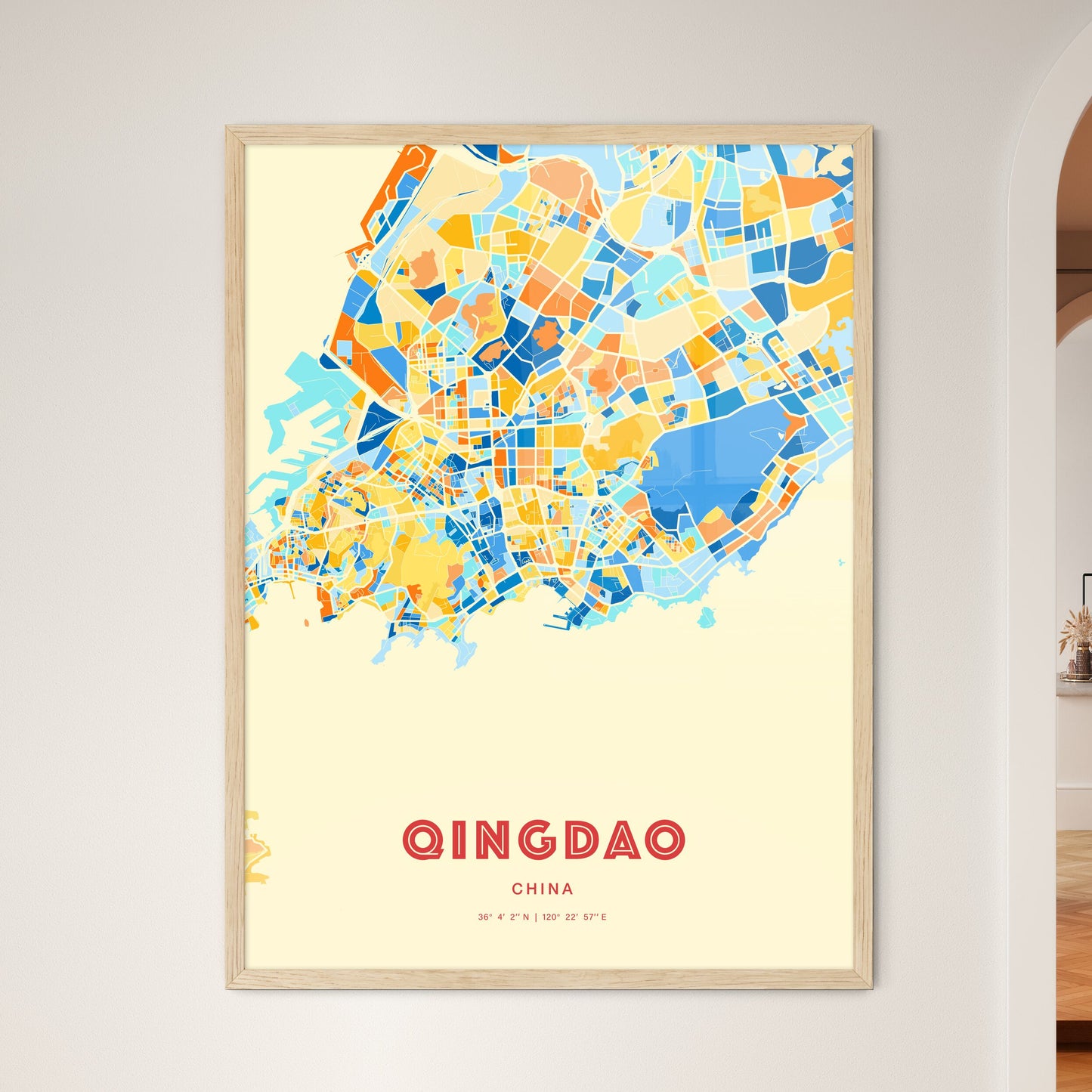 Colorful QINGDAO CHINA Fine Art Map Blue Orange