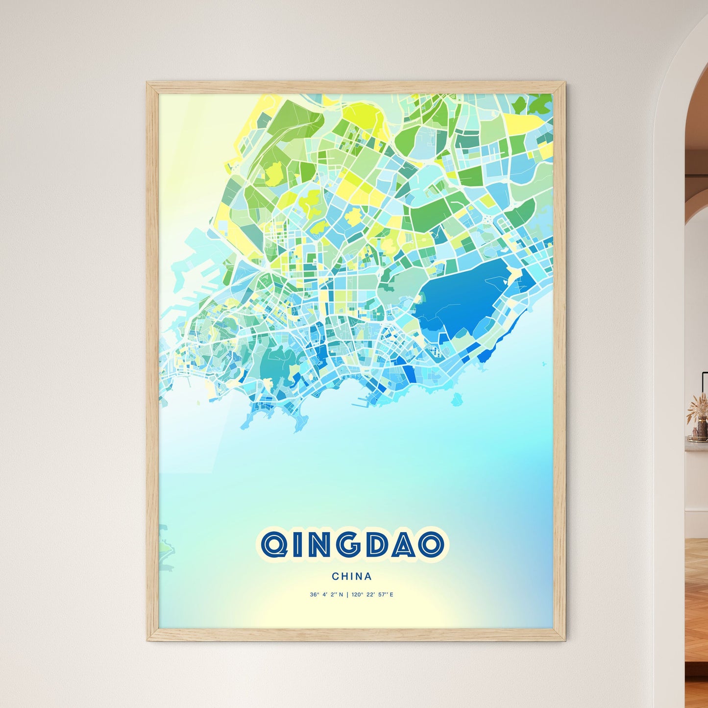 Colorful QINGDAO CHINA Fine Art Map Cool Blue