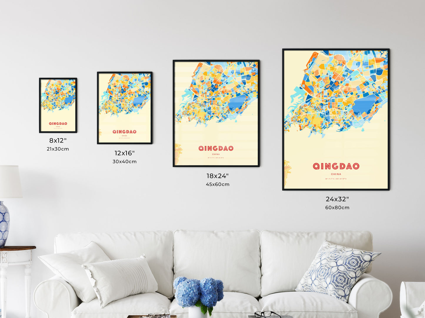 Colorful QINGDAO CHINA Fine Art Map Blue Orange