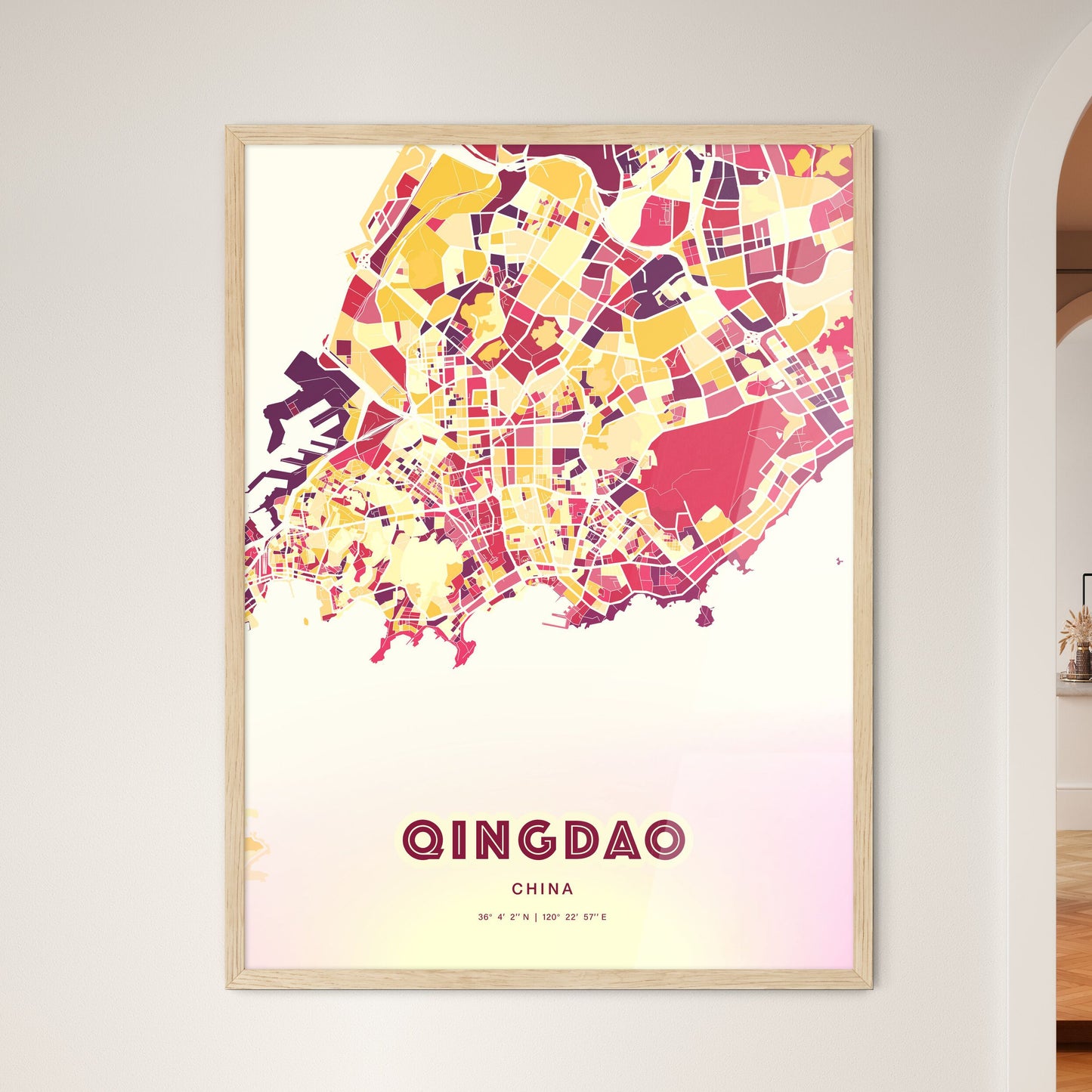 Colorful QINGDAO CHINA Fine Art Map Hot Red