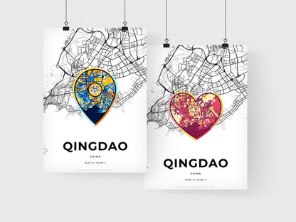 QINGDAO CHINA minimal art map with a colorful icon.