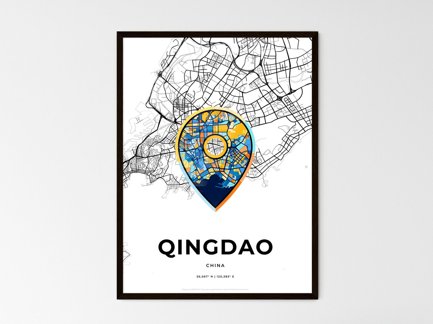 QINGDAO CHINA minimal art map with a colorful icon. Style 1