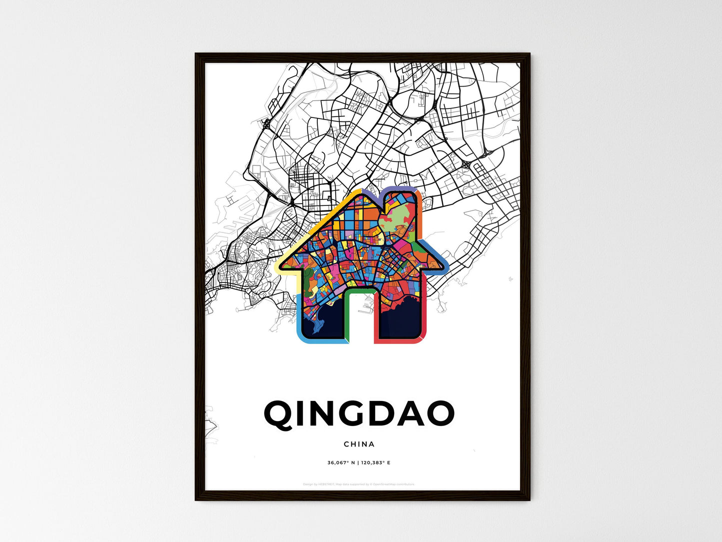 QINGDAO CHINA minimal art map with a colorful icon. Style 3