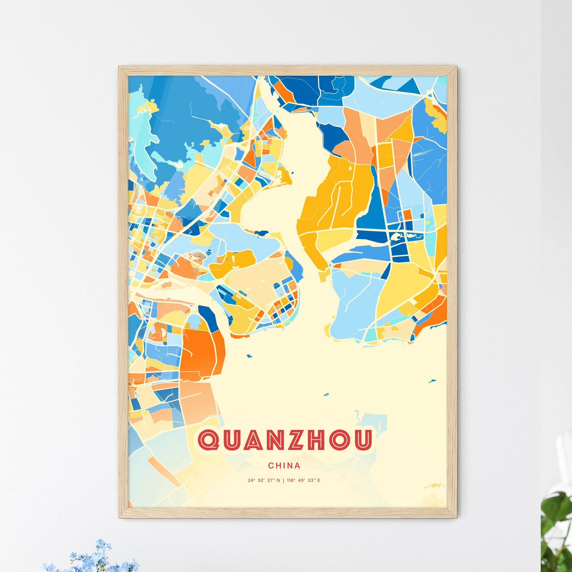 Colorful QUANZHOU CHINA Fine Art Map Blue Orange