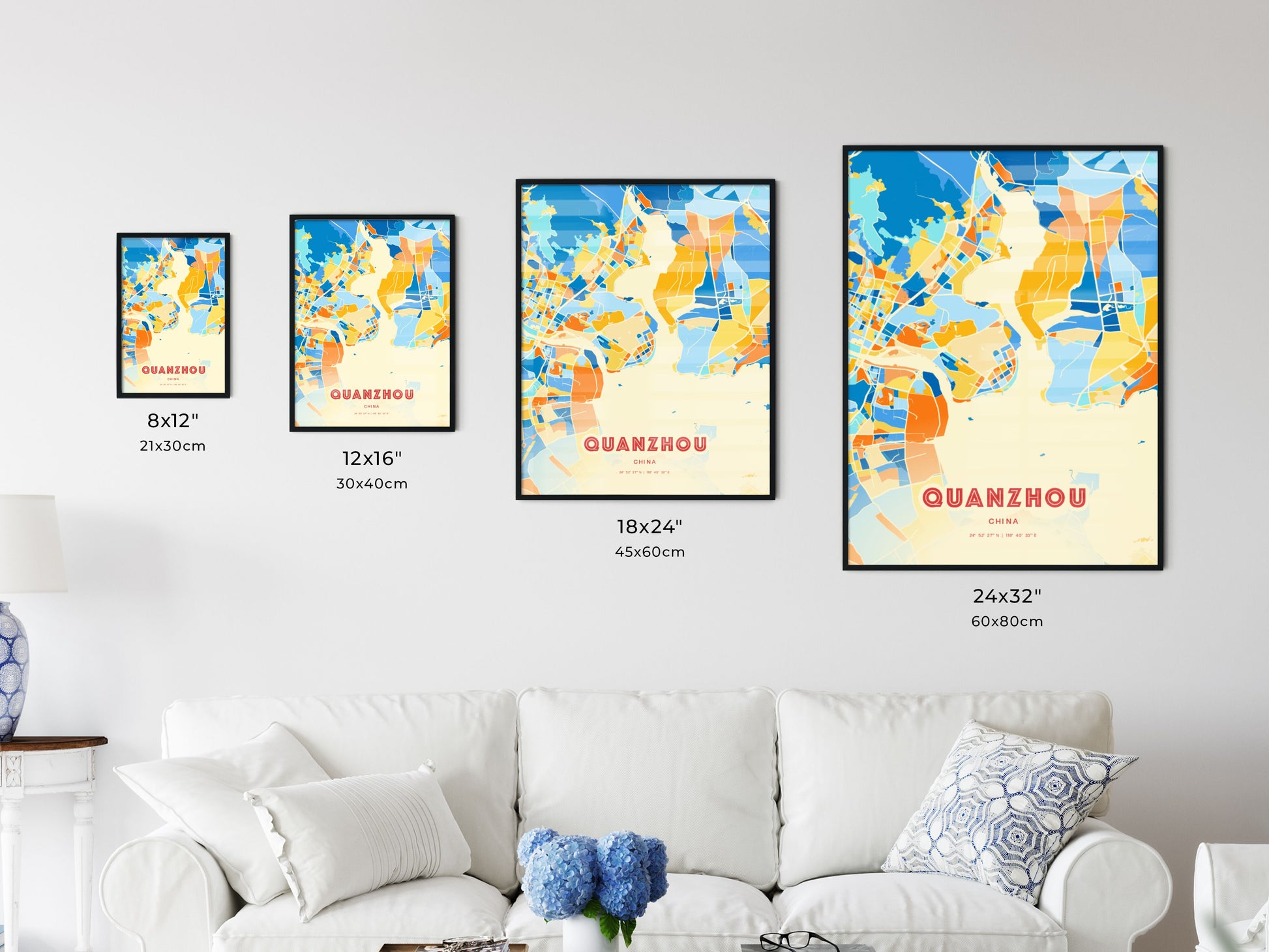 Colorful QUANZHOU CHINA Fine Art Map Blue Orange