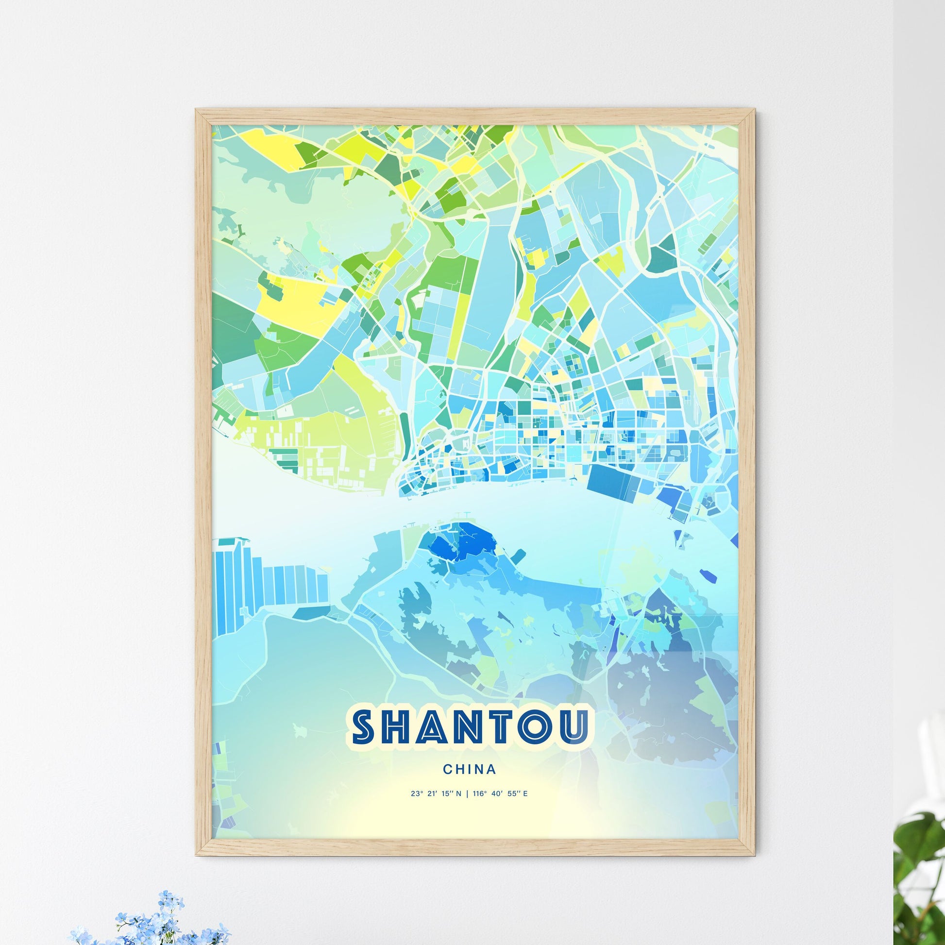 Colorful SHANTOU CHINA Fine Art Map Cool Blue