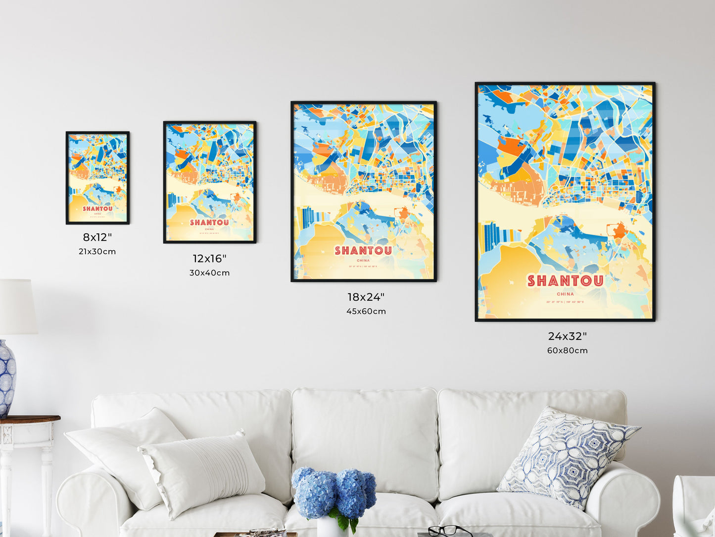 Colorful SHANTOU CHINA Fine Art Map Blue Orange