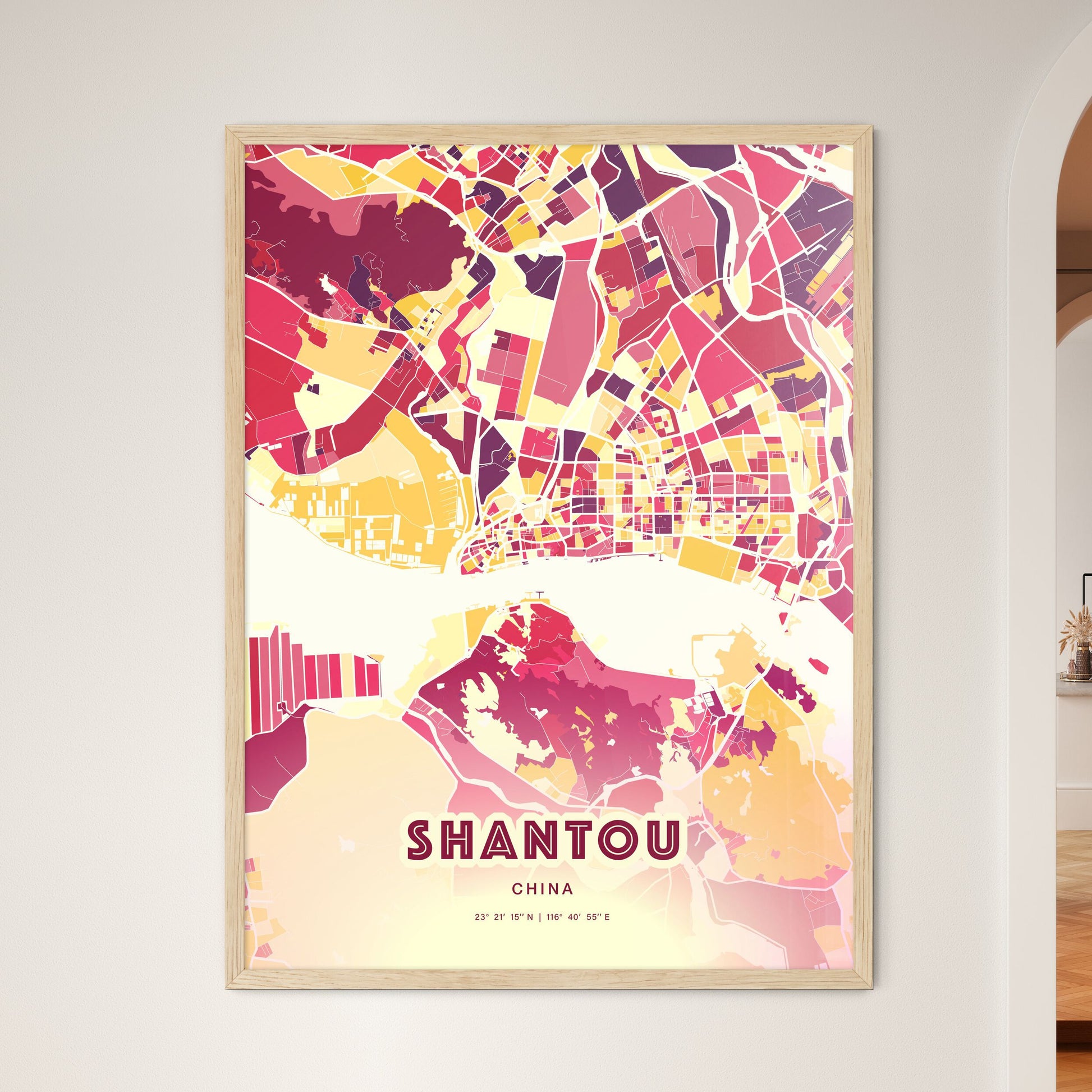 Colorful SHANTOU CHINA Fine Art Map Hot Red