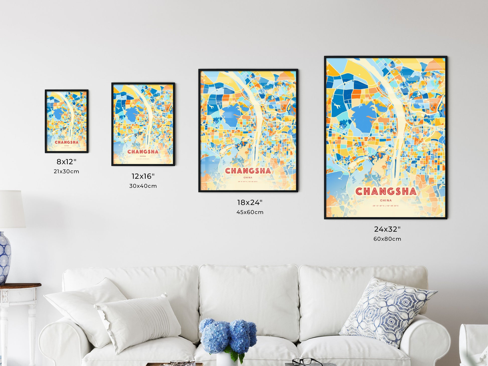 Colorful CHANGSHA CHINA Fine Art Map Blue Orange