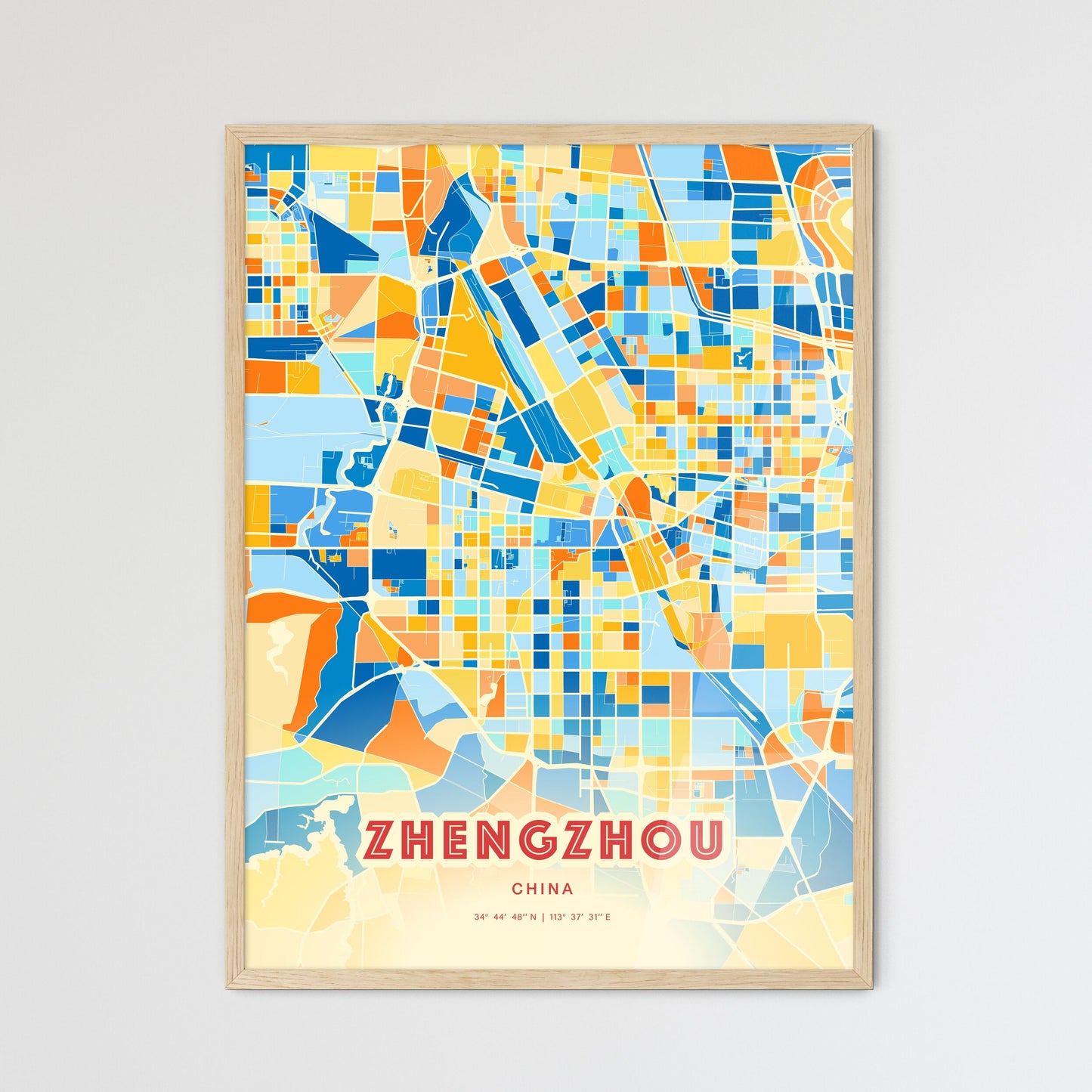 Colorful ZHENGZHOU CHINA Fine Art Map Blue Orange