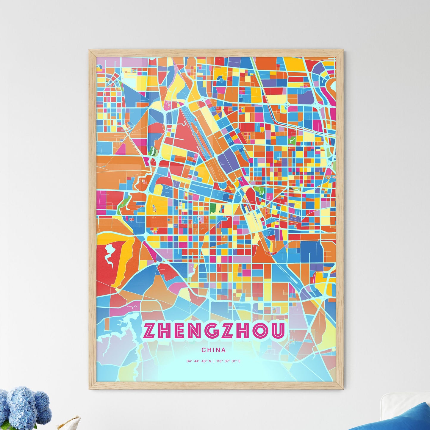 Colorful ZHENGZHOU CHINA Fine Art Map Crazy Colors
