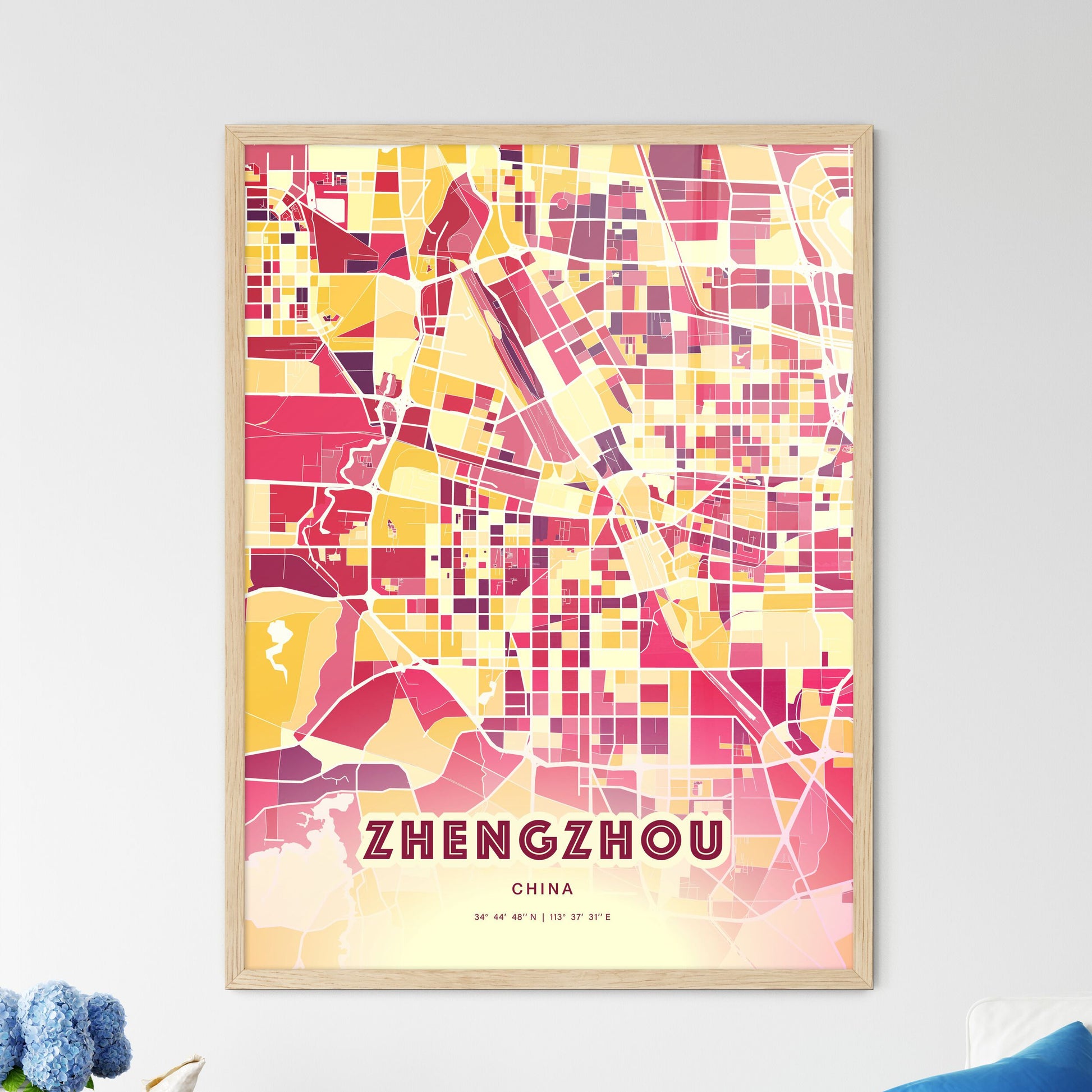 Colorful ZHENGZHOU CHINA Fine Art Map Hot Red