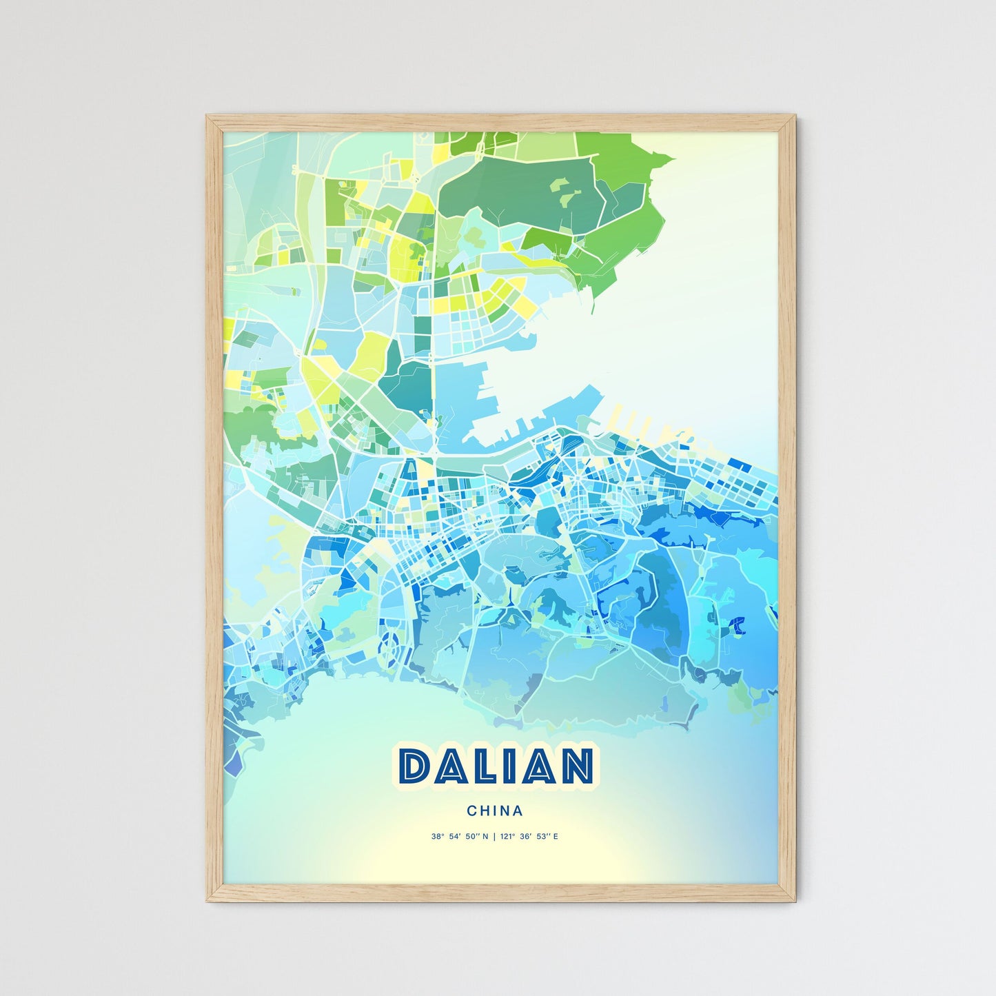 Colorful DALIAN CHINA Fine Art Map Cool Blue