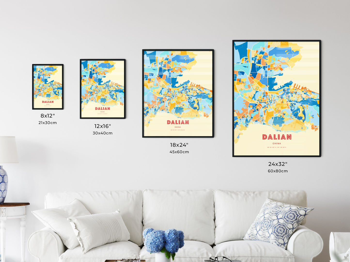 Colorful DALIAN CHINA Fine Art Map Blue Orange