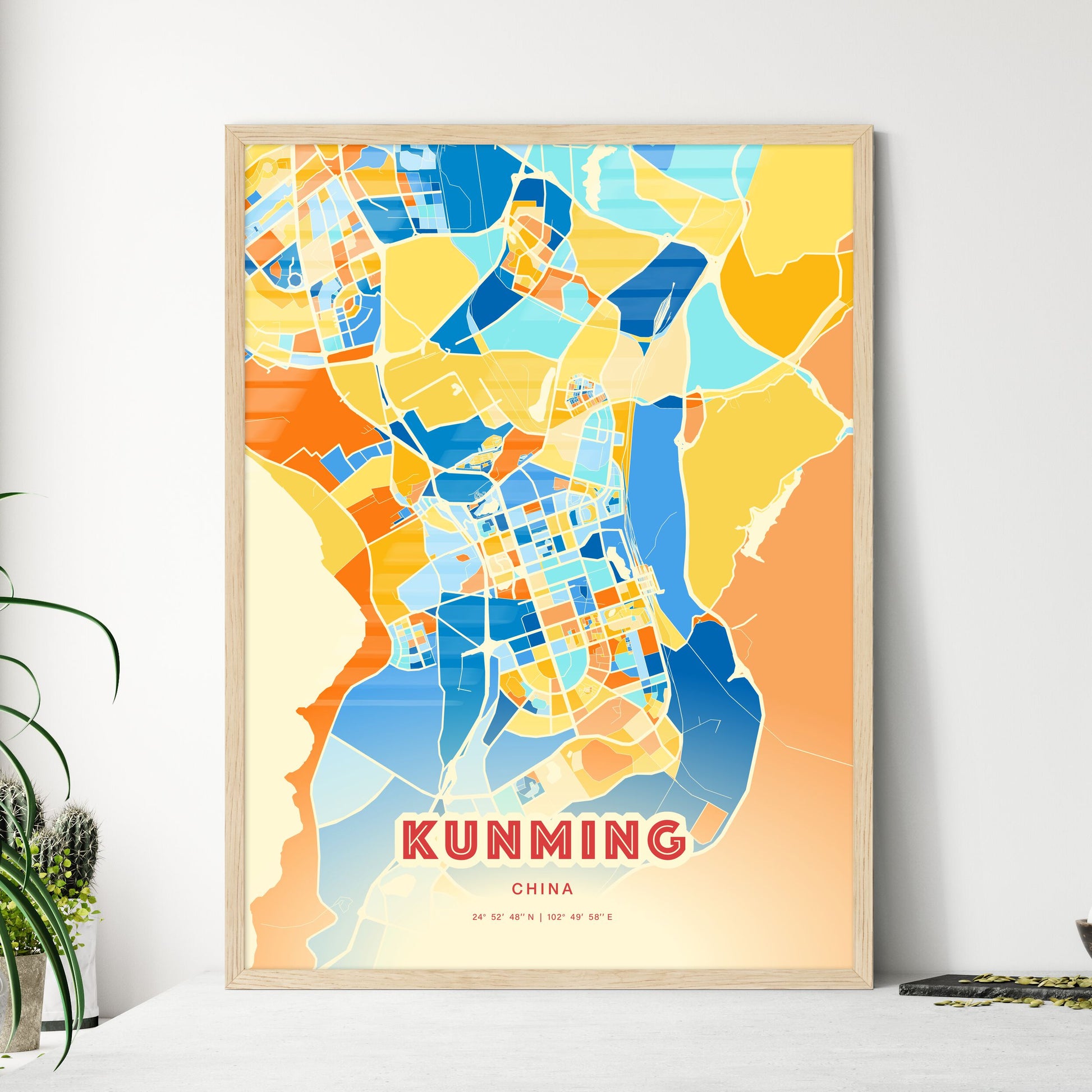 Colorful KUNMING CHINA Fine Art Map Blue Orange