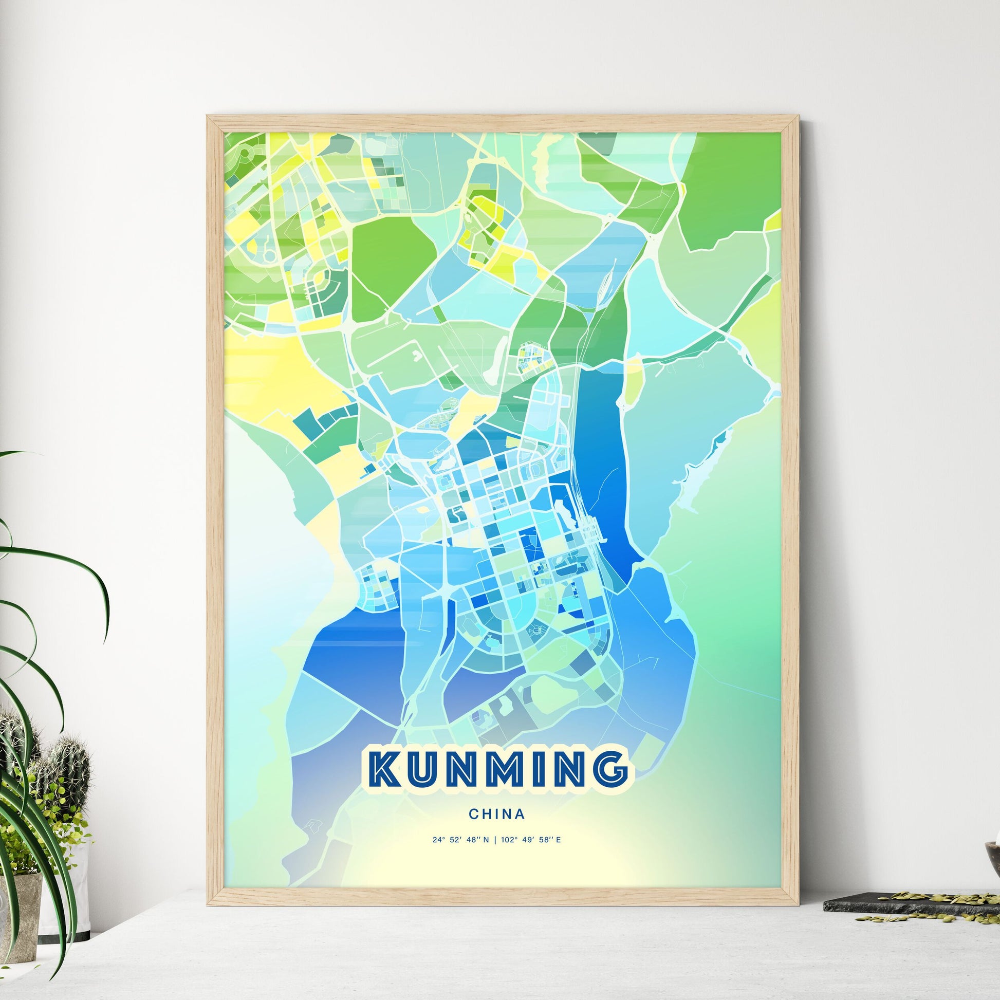 Colorful KUNMING CHINA Fine Art Map Cool Blue