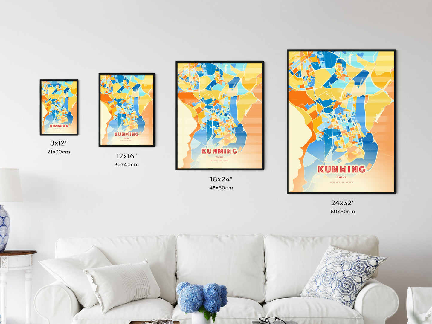 Colorful KUNMING CHINA Fine Art Map Blue Orange