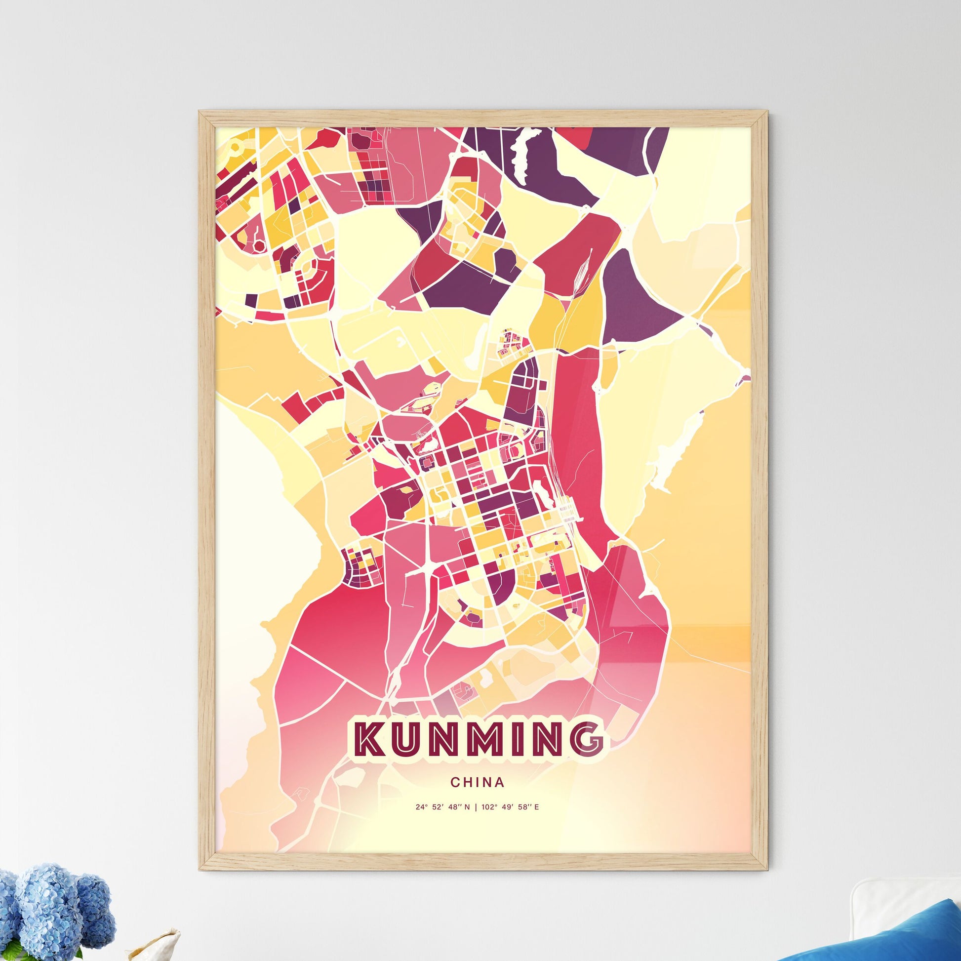 Colorful KUNMING CHINA Fine Art Map Hot Red