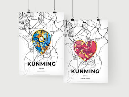 KUNMING CHINA minimal art map with a colorful icon. Where it all began, Couple map gift.