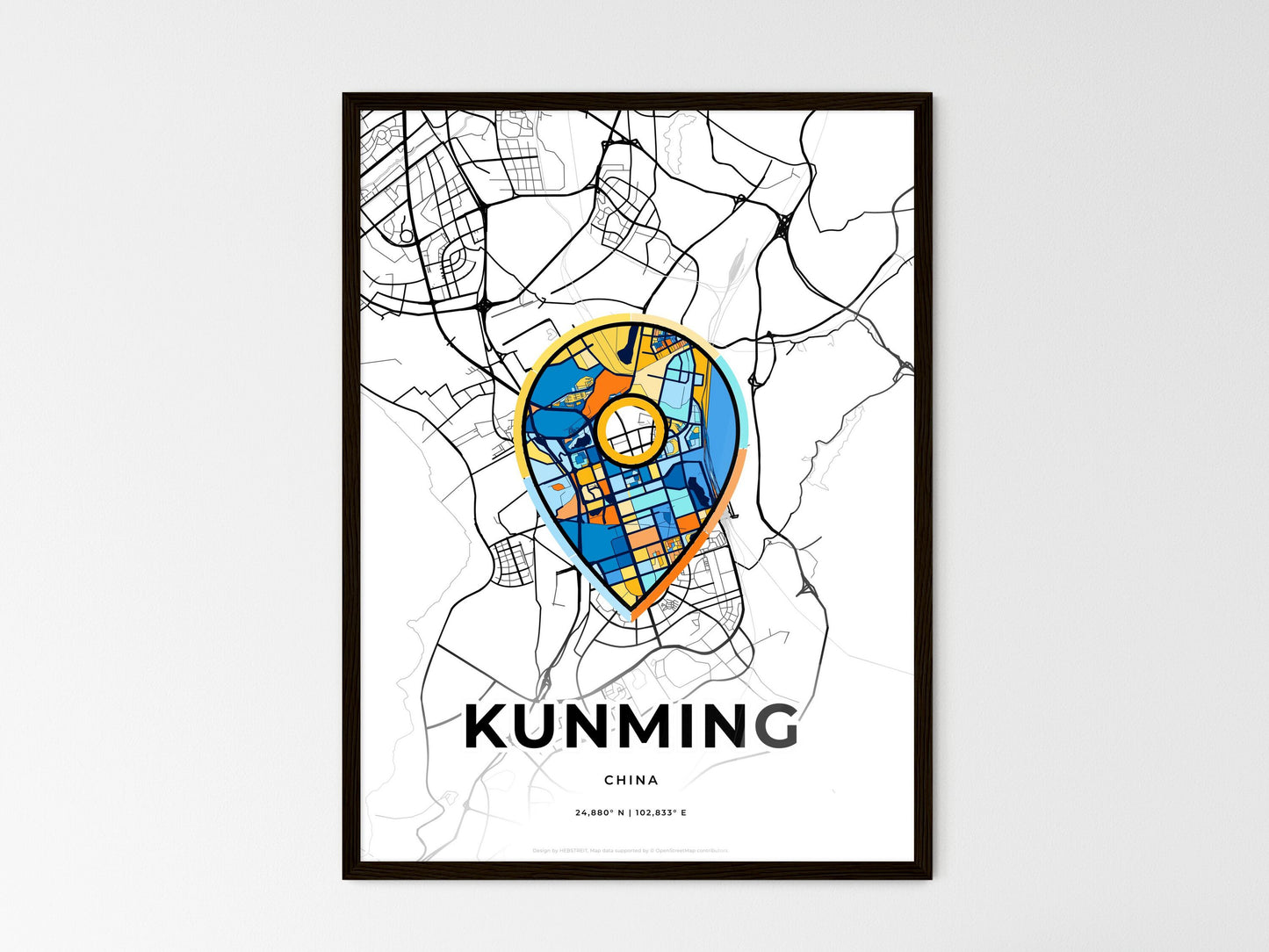 KUNMING CHINA minimal art map with a colorful icon. Where it all began, Couple map gift. Style 1