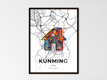KUNMING CHINA minimal art map with a colorful icon. Where it all began, Couple map gift. Style 3