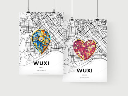 WUXI CHINA minimal art map with a colorful icon.