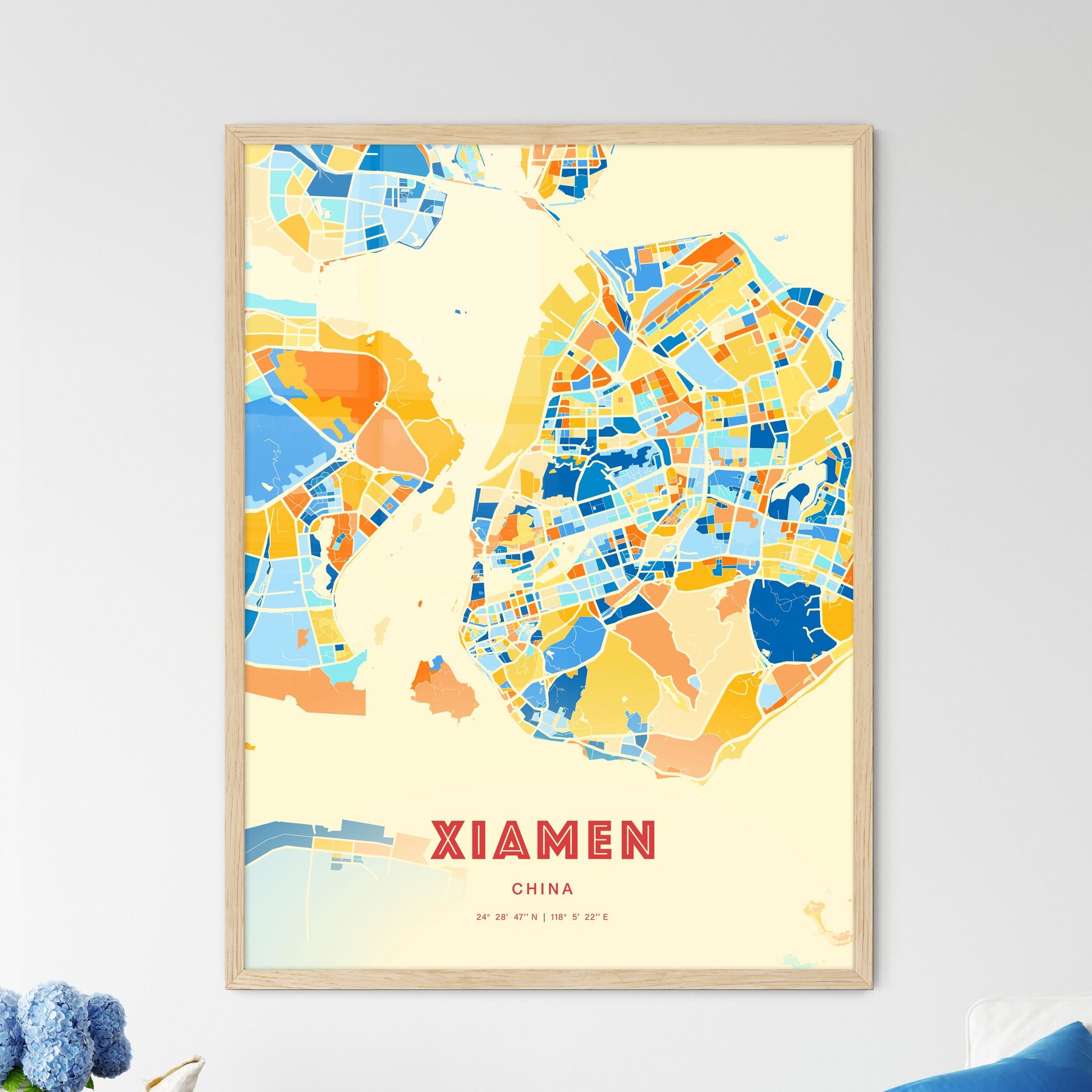 Colorful XIAMEN CHINA Fine Art Map Blue Orange