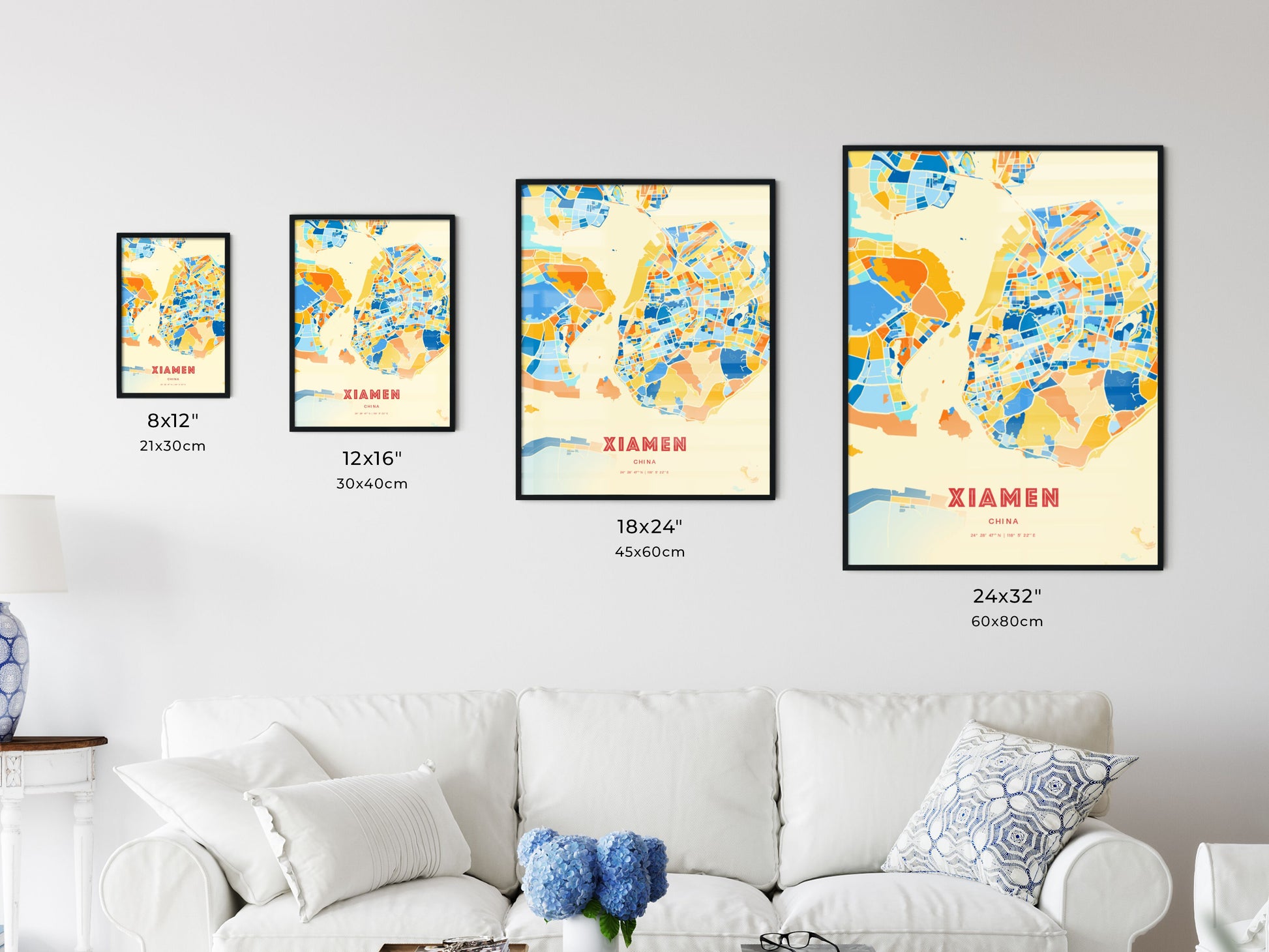 Colorful XIAMEN CHINA Fine Art Map Blue Orange