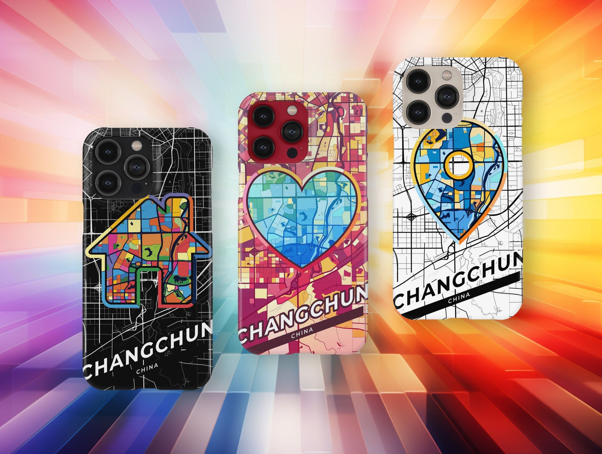 Changchun China slim phone case with colorful icon. Birthday, wedding or housewarming gift. Couple match cases.