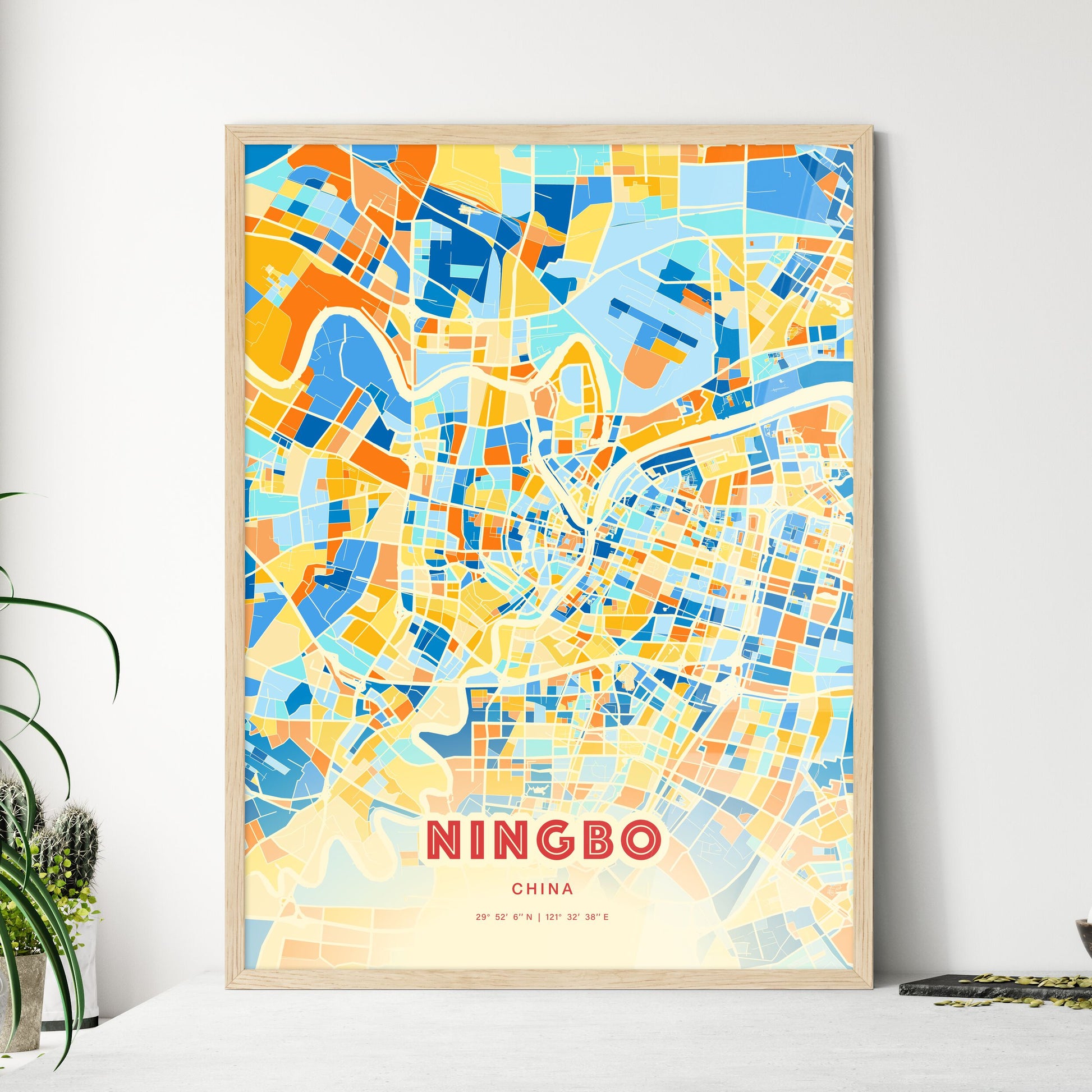 Colorful NINGBO CHINA Fine Art Map Blue Orange