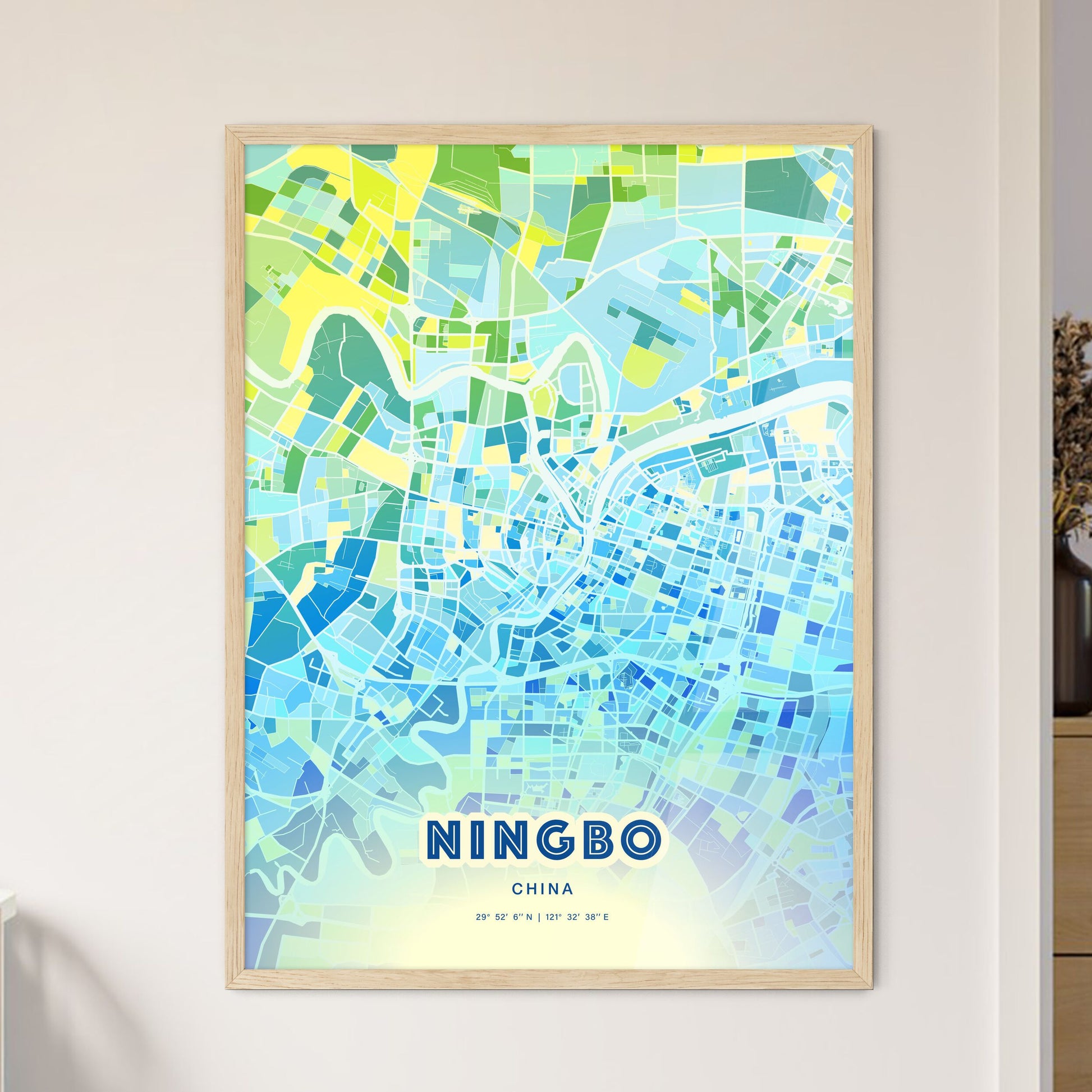 Colorful NINGBO CHINA Fine Art Map Cool Blue