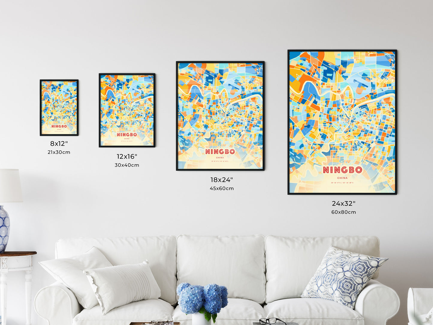 Colorful NINGBO CHINA Fine Art Map Blue Orange