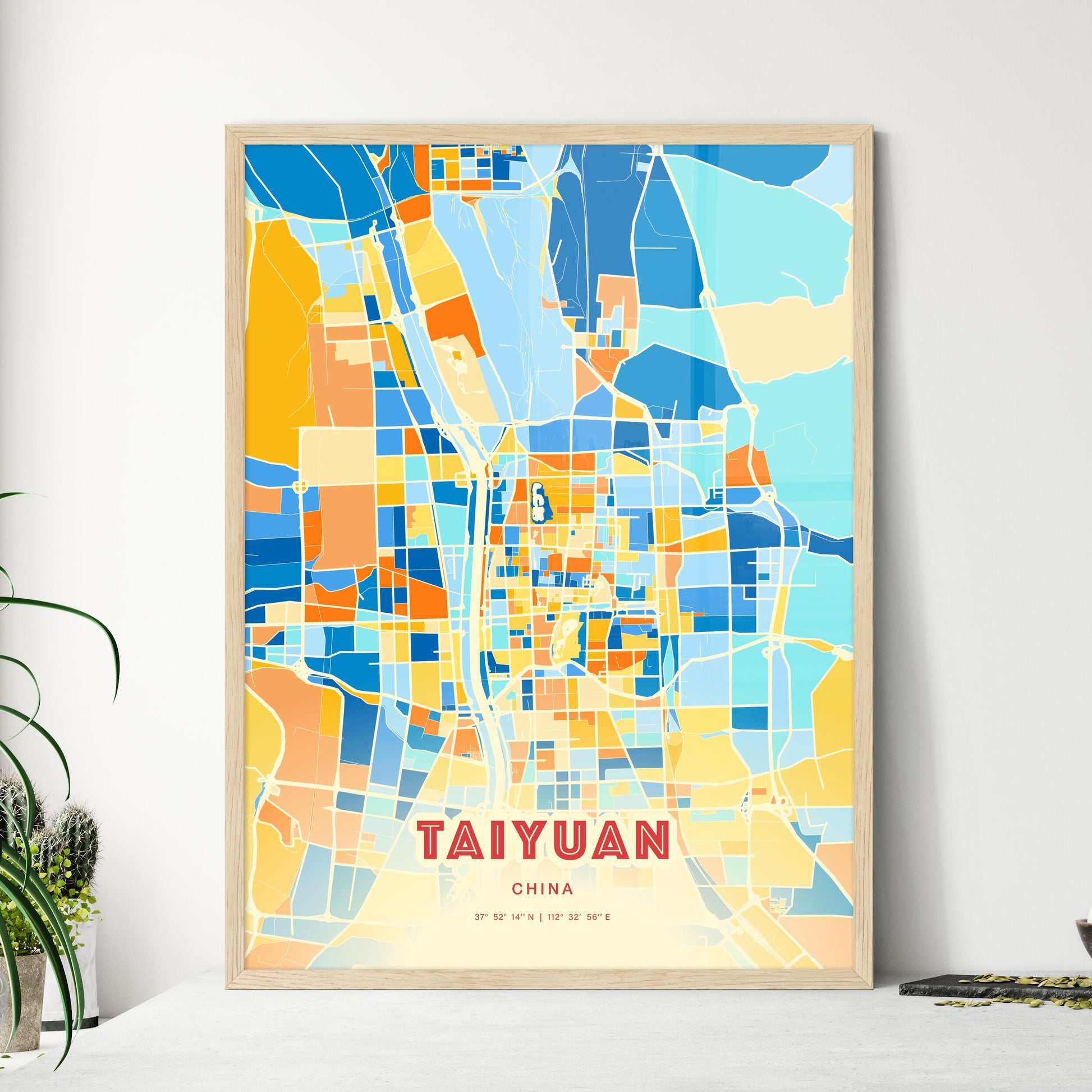 Colorful TAIYUAN CHINA Fine Art Map Blue Orange