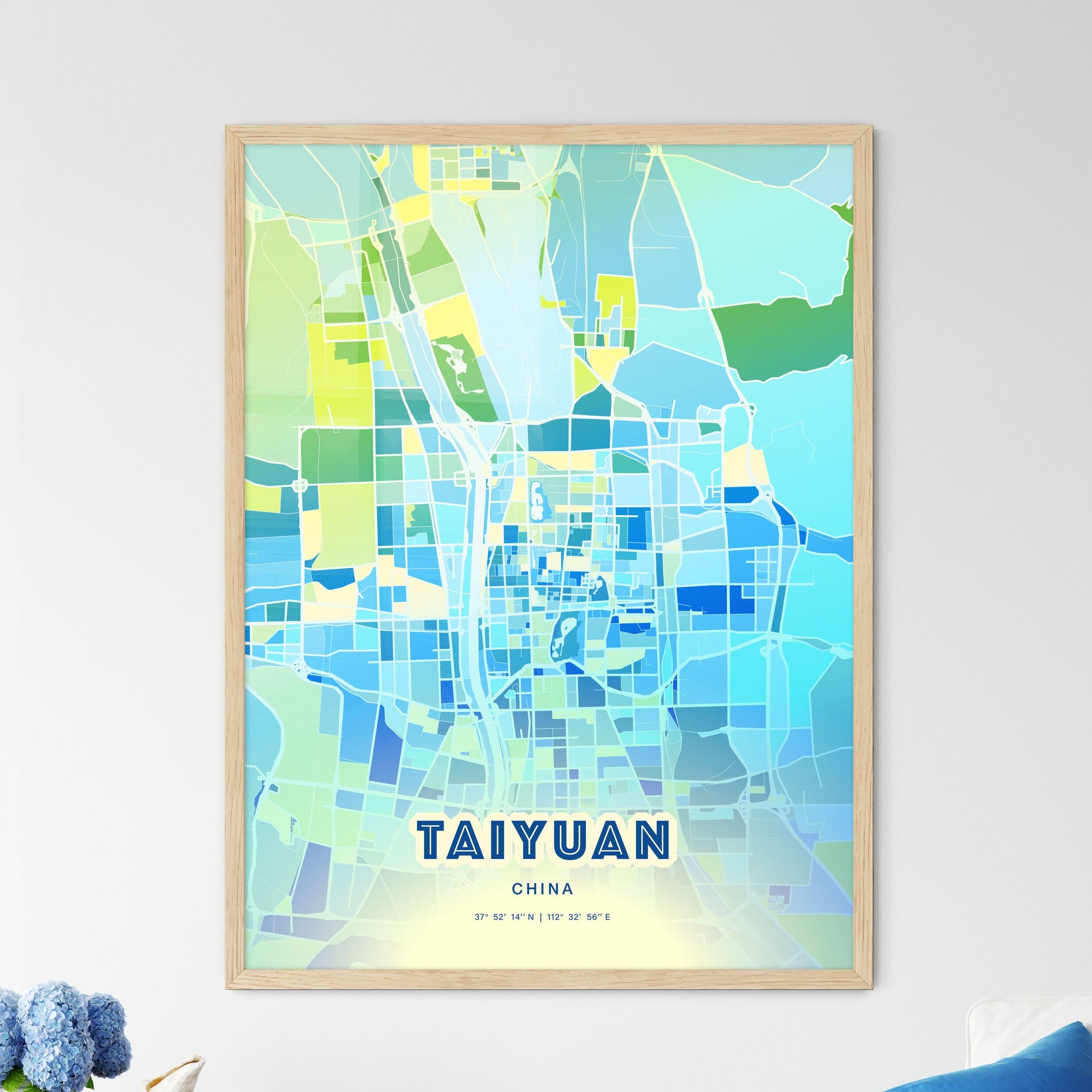 Colorful TAIYUAN CHINA Fine Art Map Cool Blue