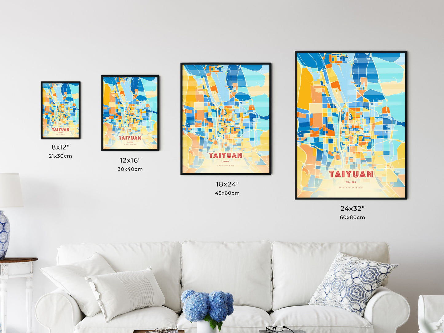 Colorful TAIYUAN CHINA Fine Art Map Blue Orange