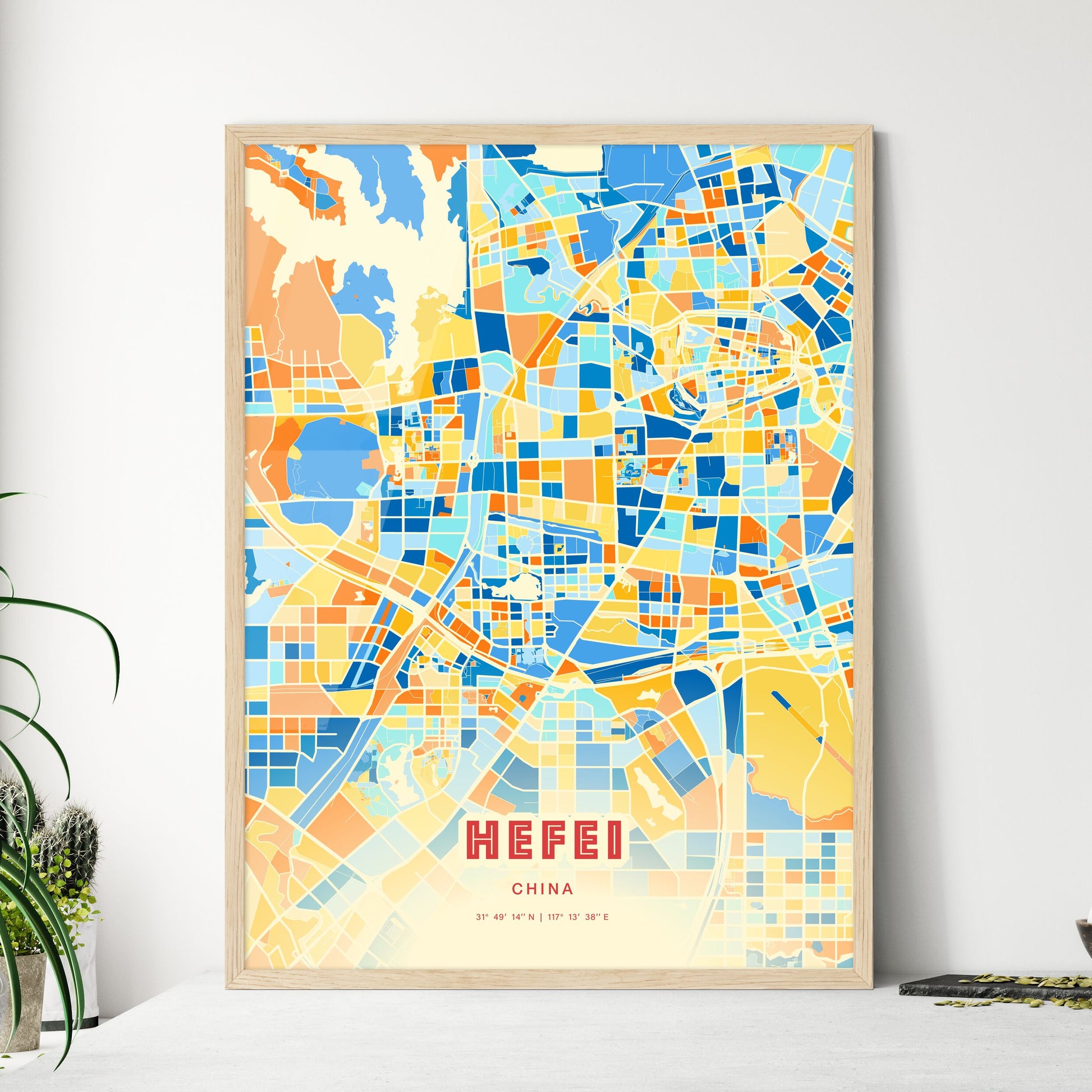 Colorful HEFEI CHINA Fine Art Map Blue Orange