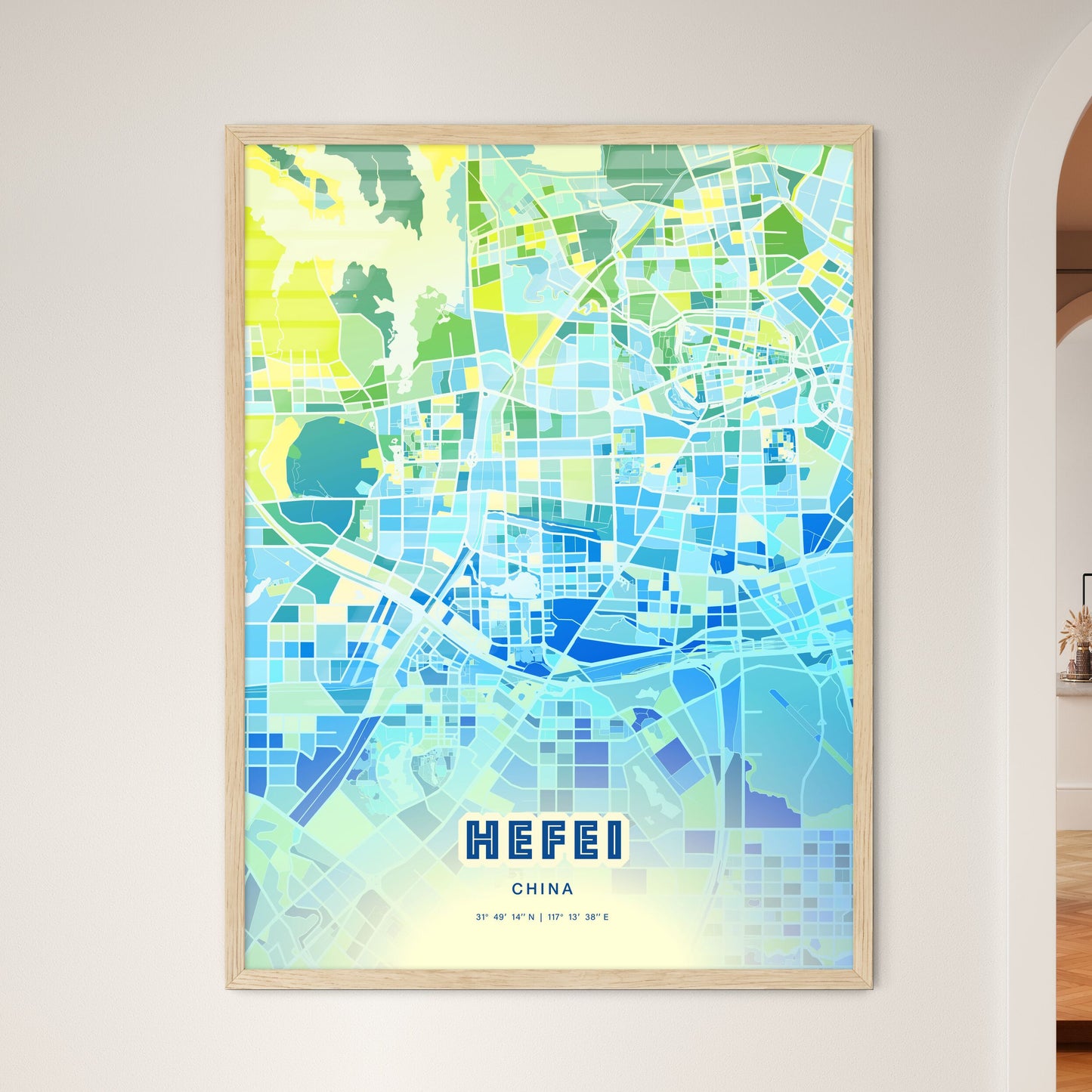 Colorful HEFEI CHINA Fine Art Map Cool Blue