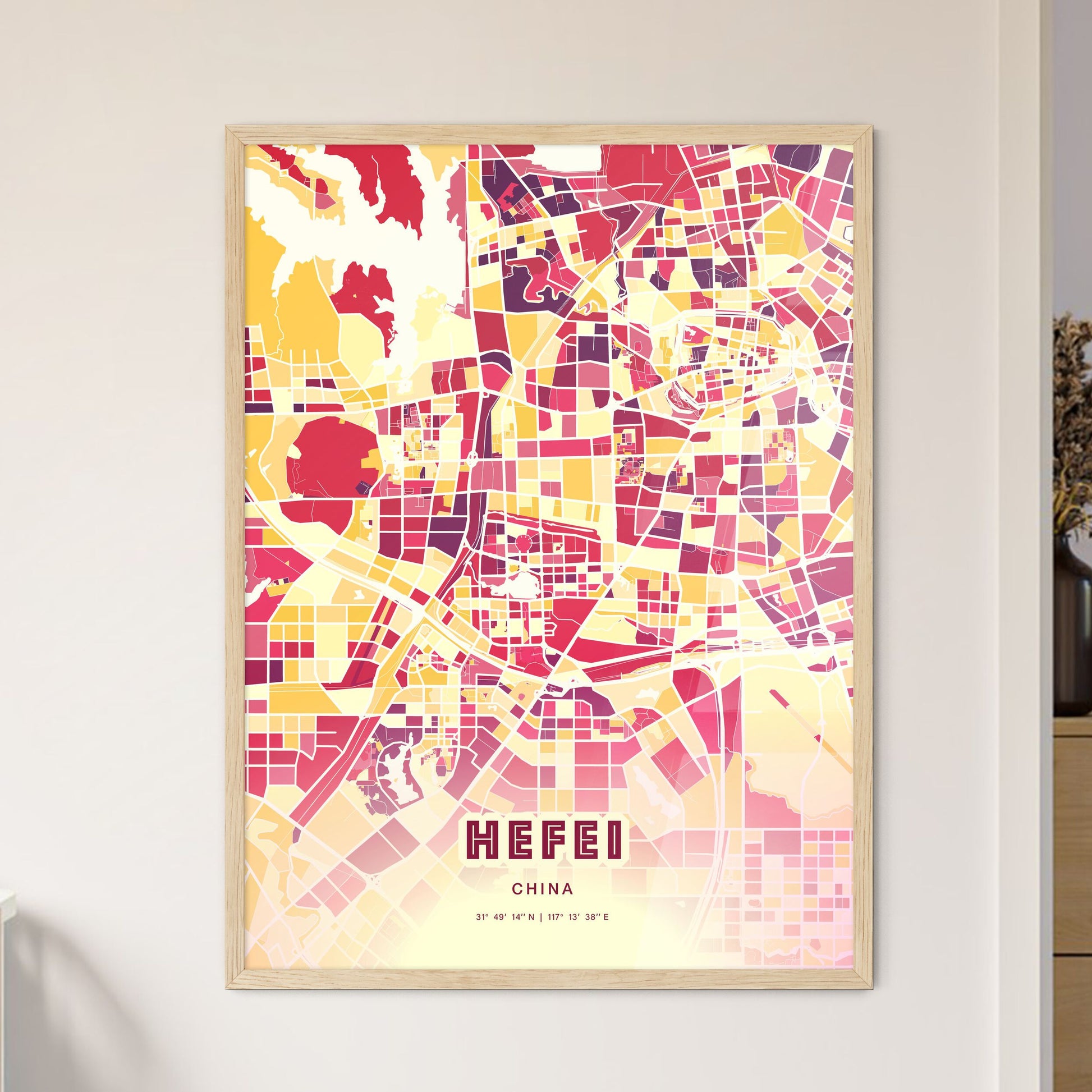 Colorful HEFEI CHINA Fine Art Map Hot Red