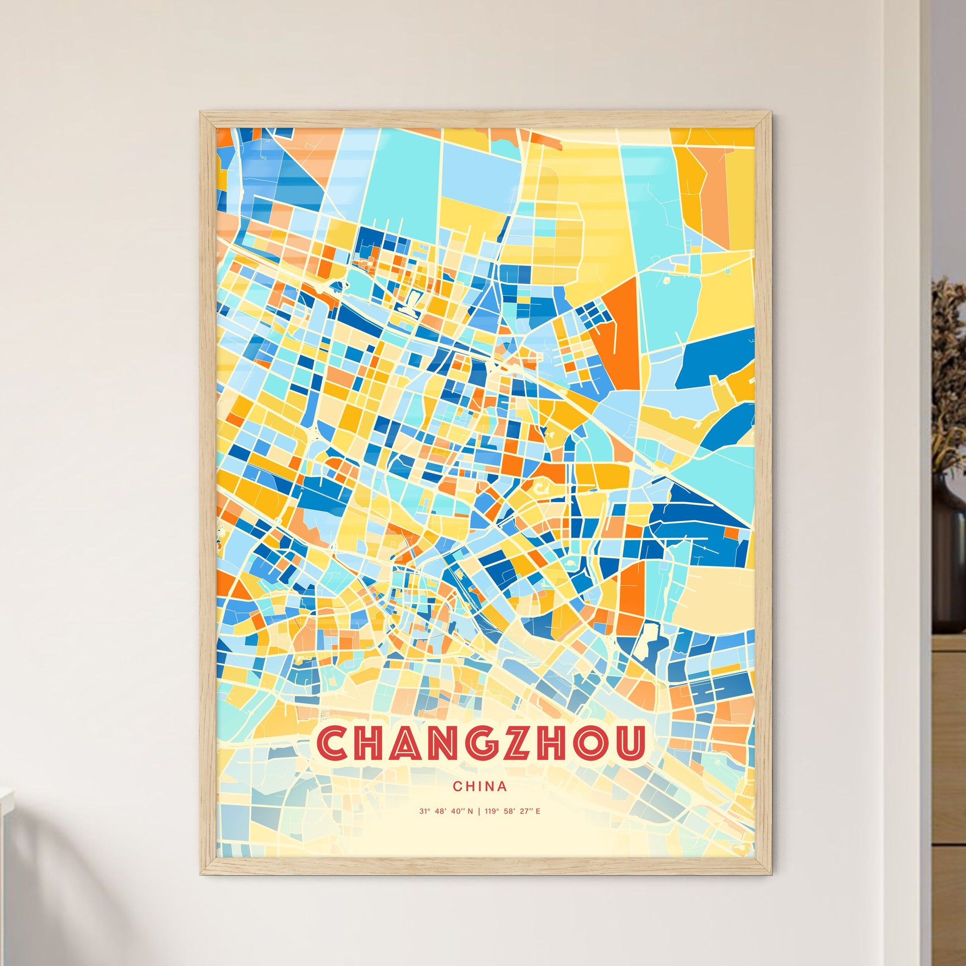 Colorful CHANGZHOU CHINA Fine Art Map Blue Orange