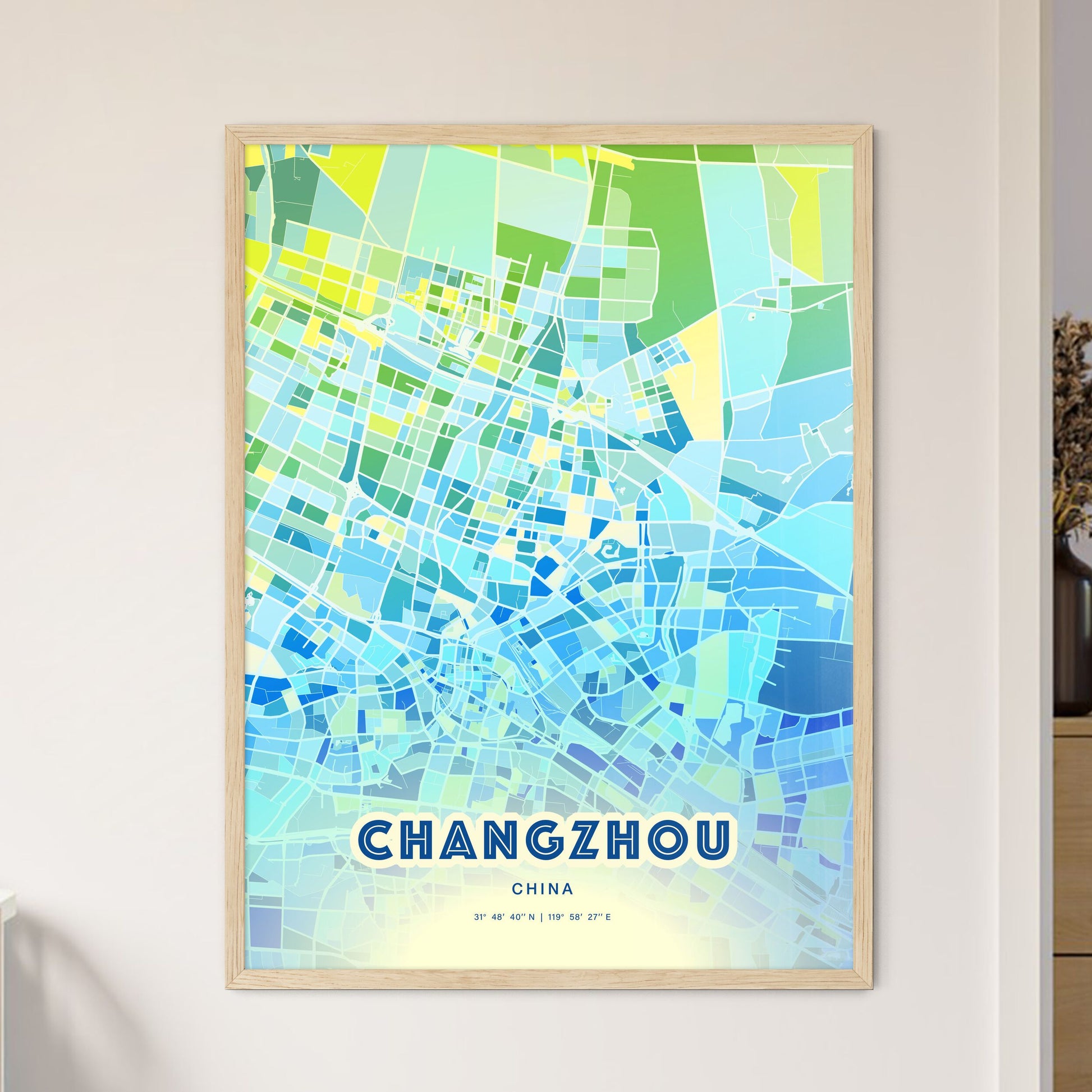 Colorful CHANGZHOU CHINA Fine Art Map Cool Blue