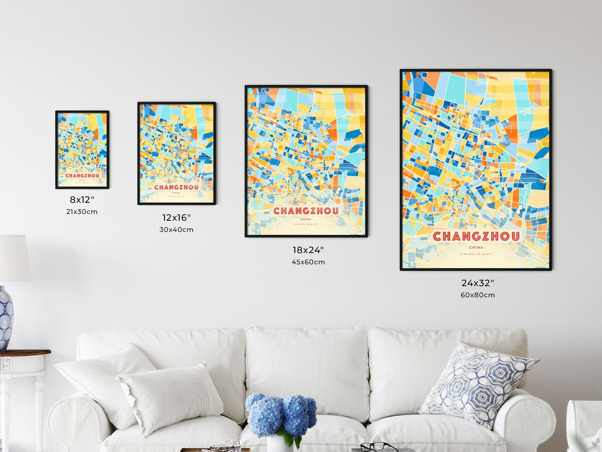 Colorful CHANGZHOU CHINA Fine Art Map Blue Orange